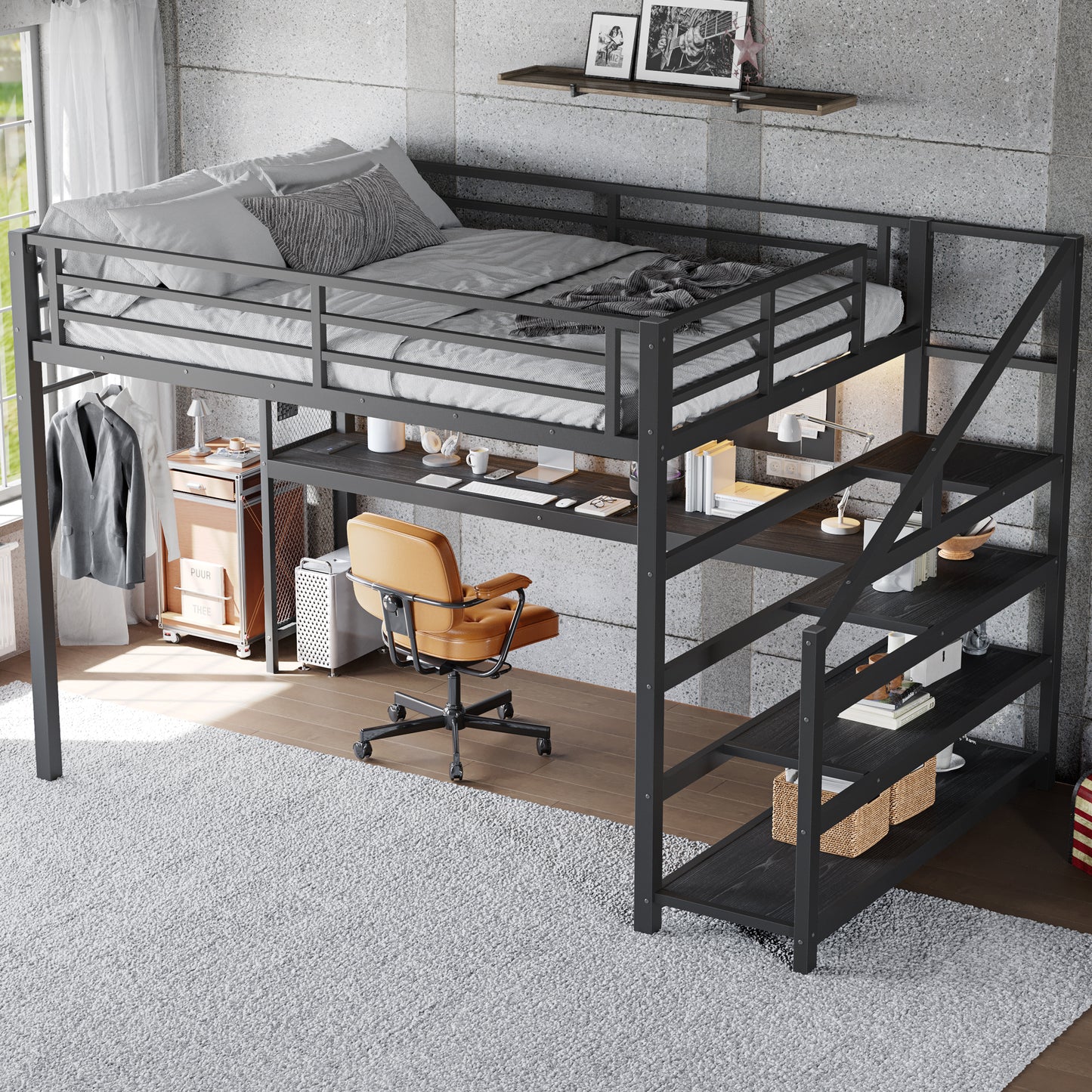 Queen Loft Bed with Desk and Storage Stairs, Metal Loft Beds with LED Lights, USB Ports, Multifunctional Iron Nets, No Spring Box Needed and Noise-free, Black image 3