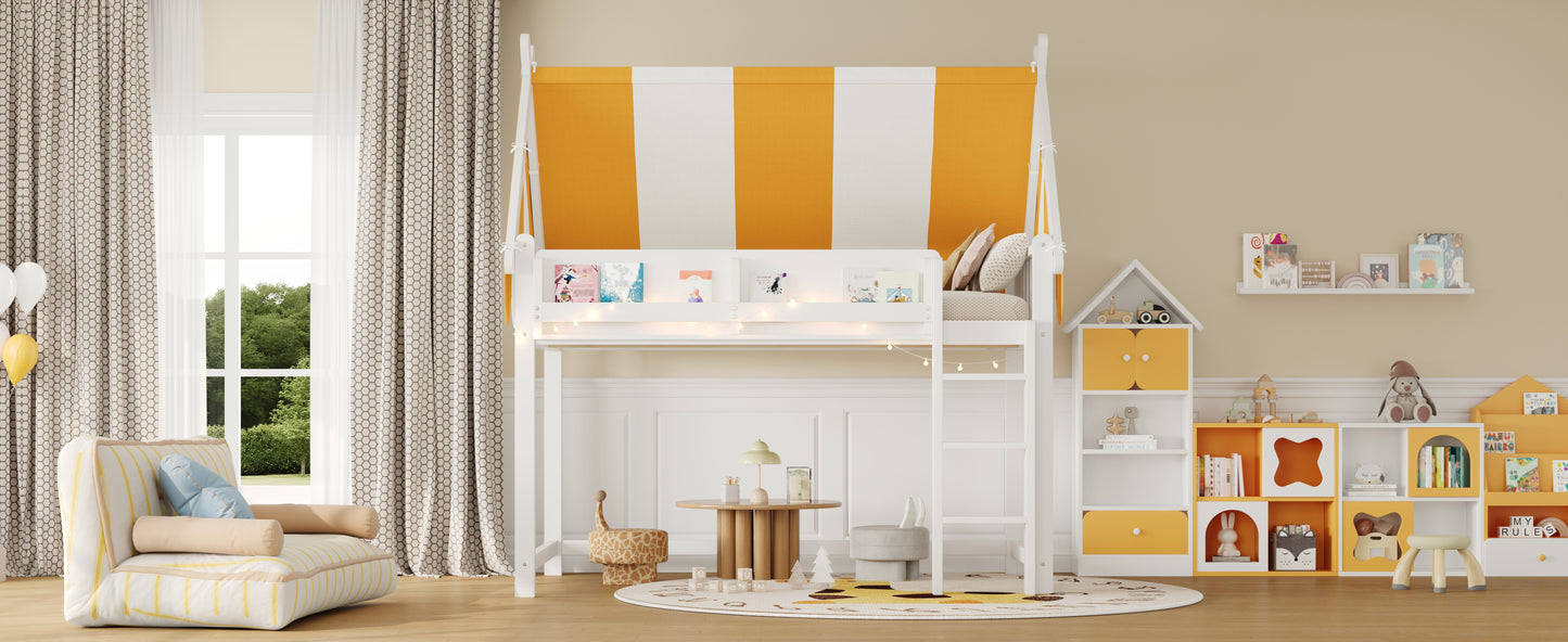 Full Size Loft Bed with Canopy, LED Lights & Book Shelf, White image 7
