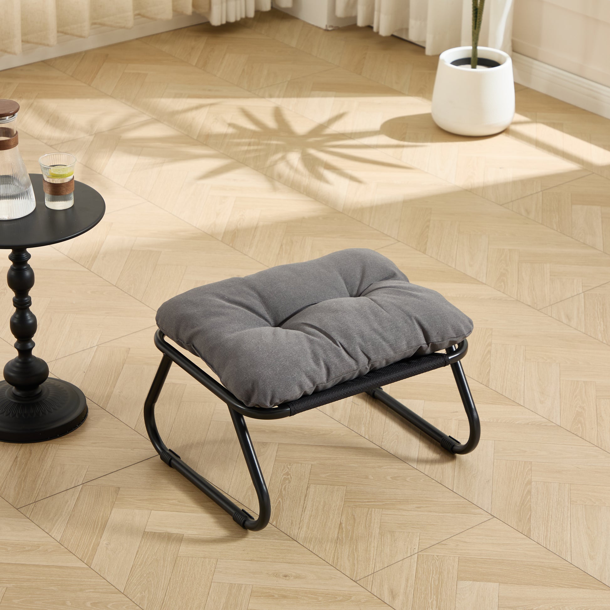 Patio Outdoor Lounge Chair with Ottoman, Comfy Sling Recliner Chair with Puffy Cushion and Foot Stool, Ideal for Living Room, Bedroom, Reading Room, Black frame with grey cushion image 6
