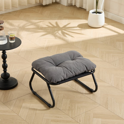 Patio Outdoor Lounge Chair with Ottoman, Comfy Sling Recliner Chair with Puffy Cushion and Foot Stool, Ideal for Living Room, Bedroom, Reading Room, Black frame with grey cushion image 6