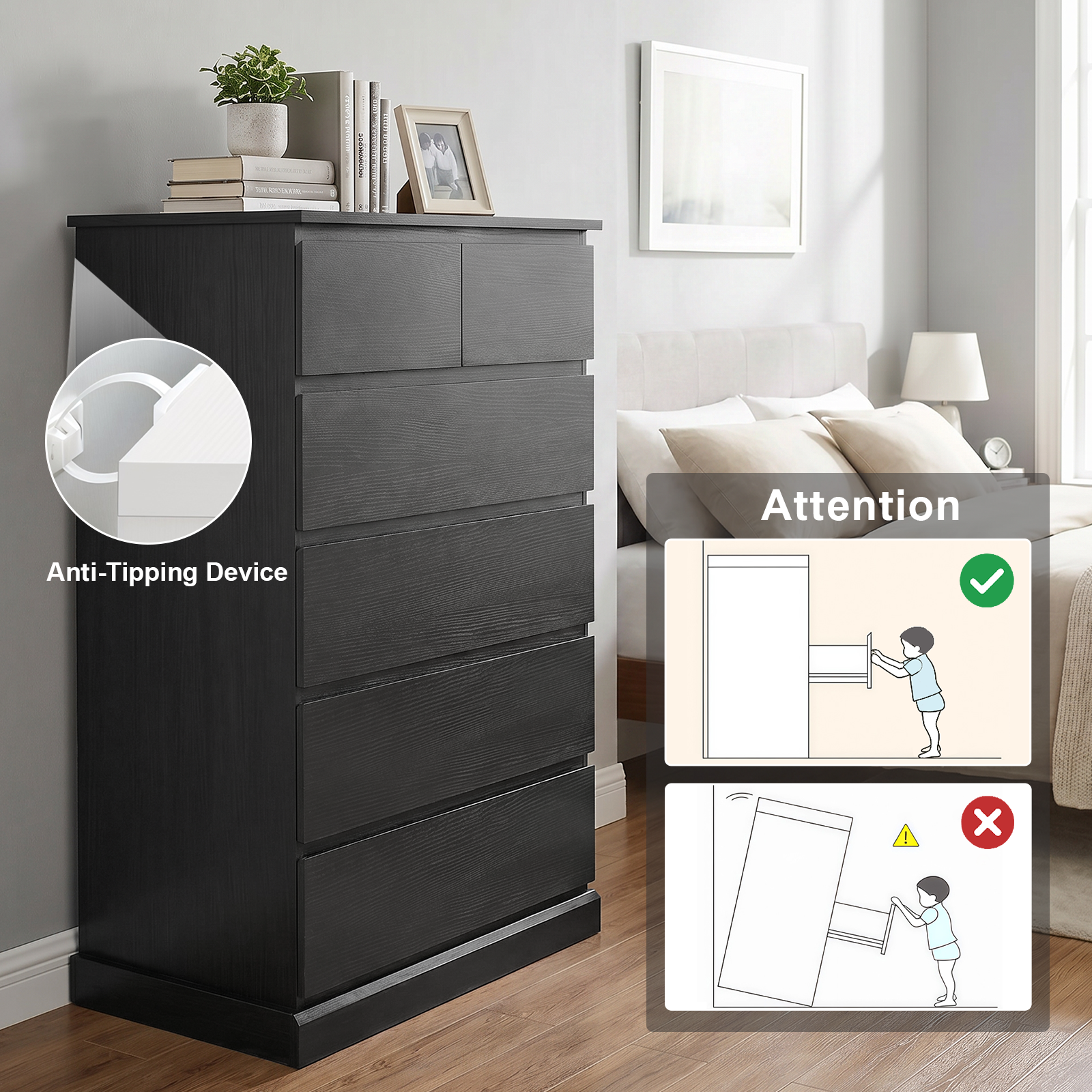 6 Drawers Dresser for Bedroom, Tall Dresser for Bedroom, Modern Chest of Drawers with Concealed Handles, Vertical Wood Storage Cabinet for Bedroom, Living Room, Entryway, Black image 5