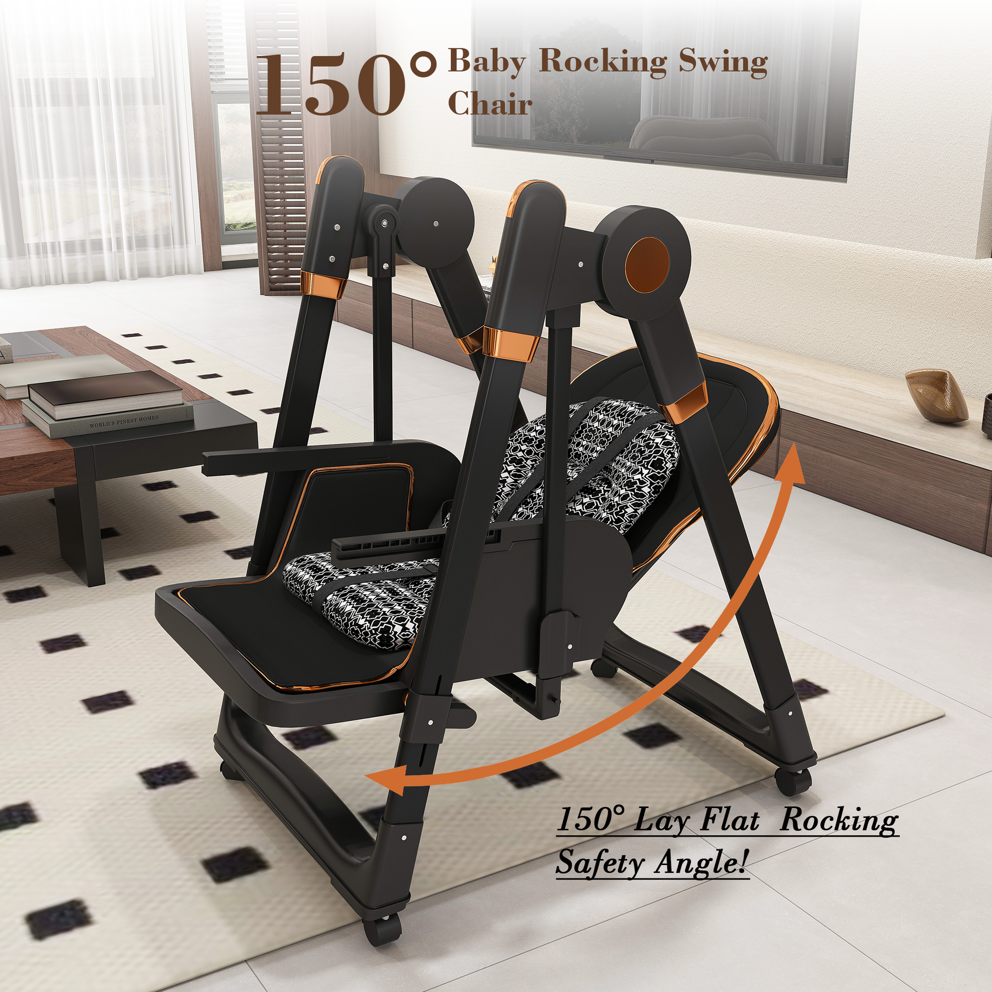 Convertible Baby High Chair to Rocker with 5-Point Harness, Foldable Infant Feeding Chair with Silent Locking Wheels & Removable 2-Tier Easy-Clean Tray for 6M-3Yrs(Black) image 9