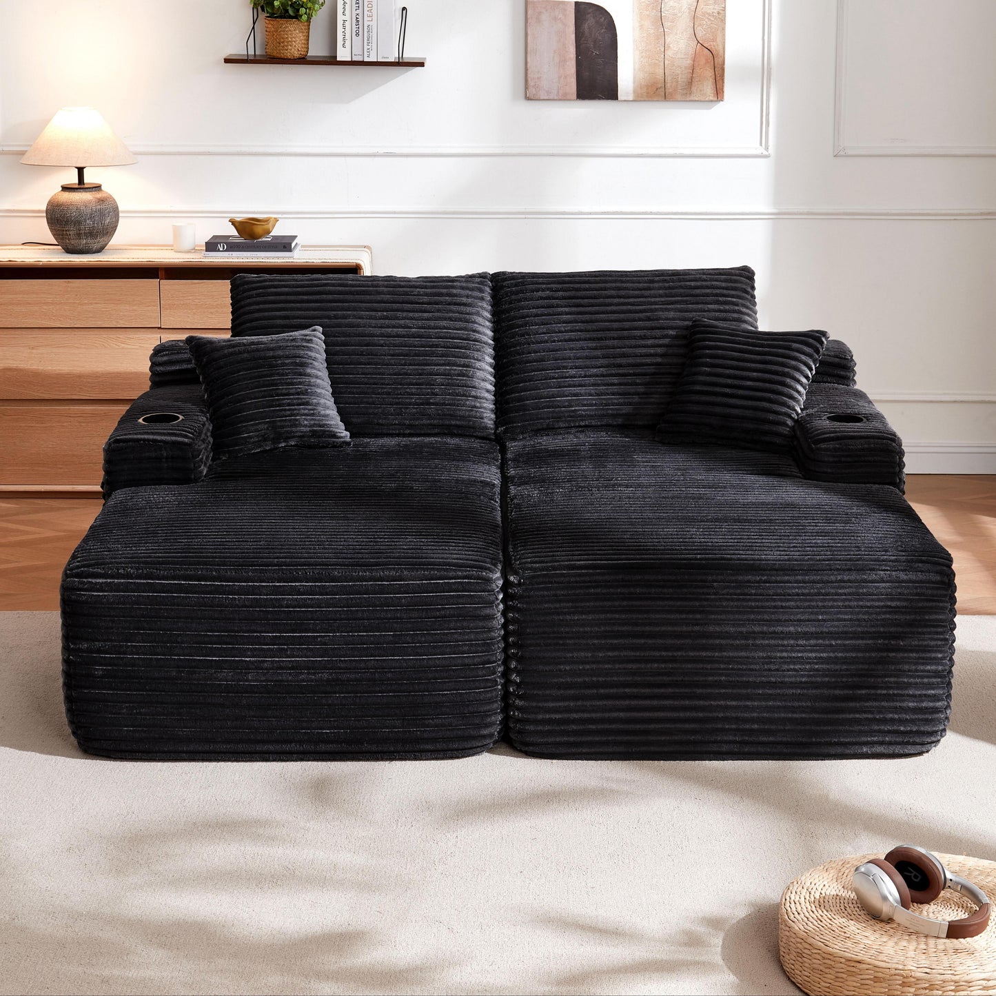 New-69" Cloud Sectional Couch, L-Shape Chaise with R-Shape Chaise with Deep Seat and Comfortable 2 Seater Couch for Modern Living Room,(Plush Fabric),Black image 2