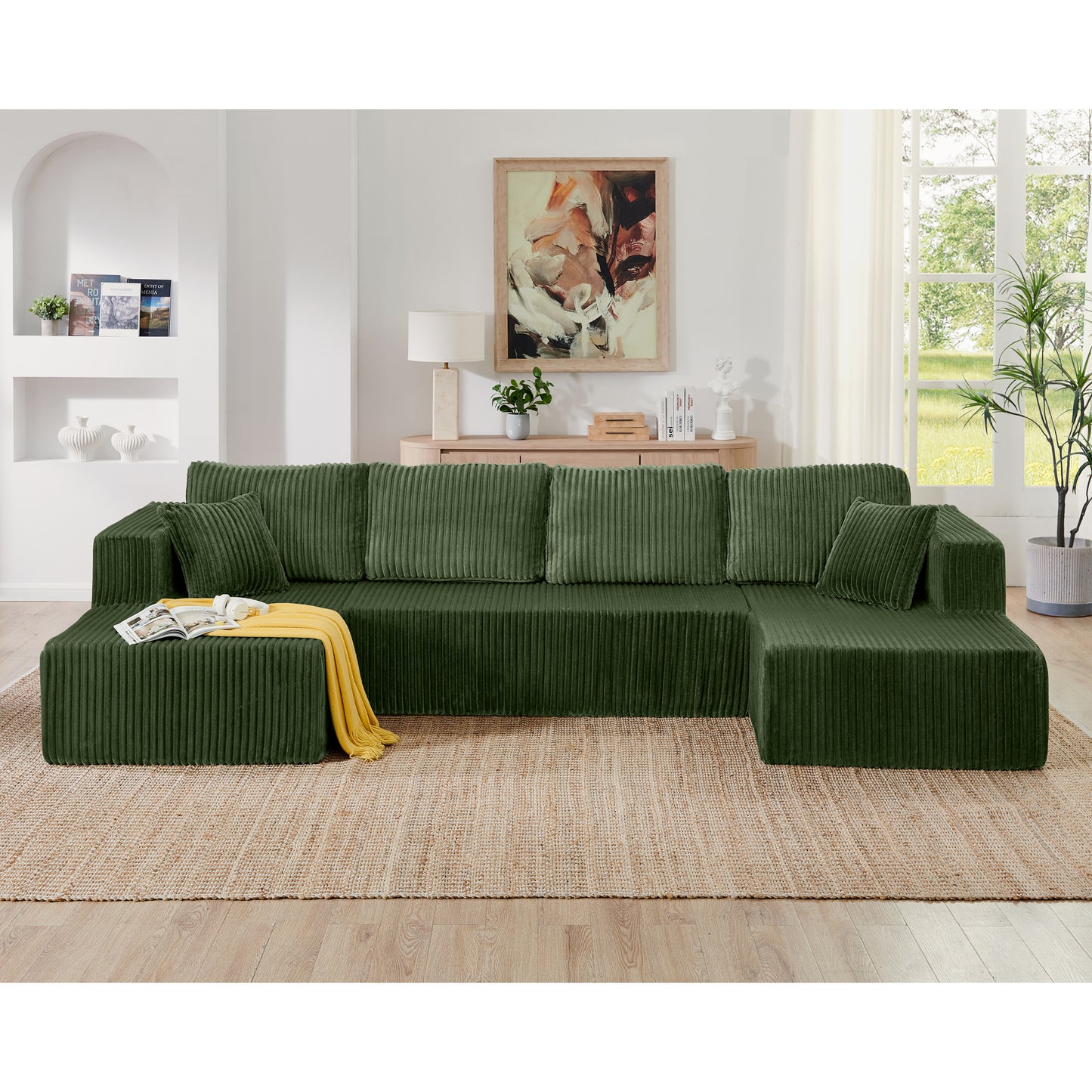 U shape Modular Sectional Sofa, Compressed Sectional Sofa Modern Minimalist Style Corduroy Couch, Sleeper Sofa for Living Room, Bedroom, Comfy Compressed Sofa Couch Space-Efficient Design-green image 3