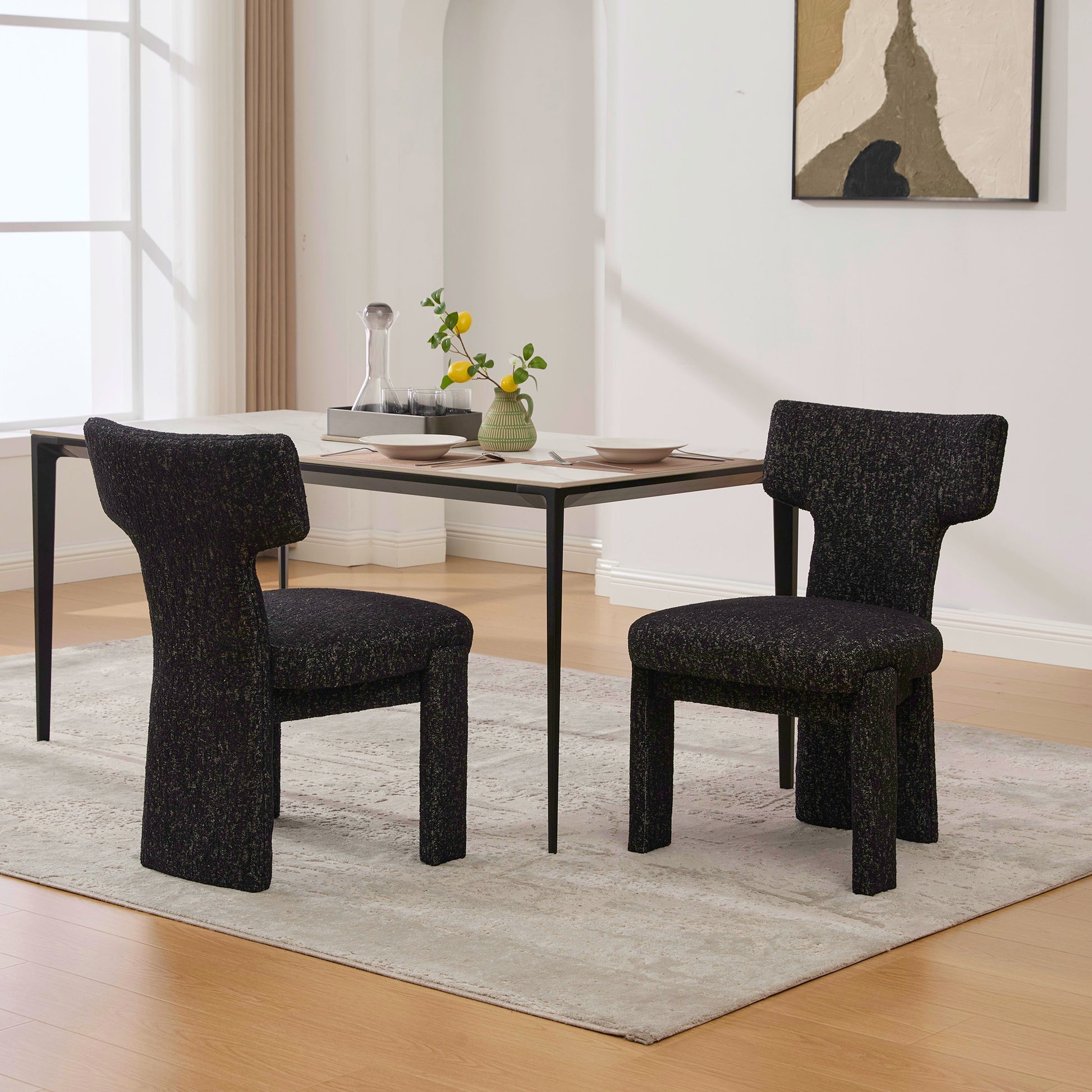 22.05" Wide Modern Upholstered Chenille Dining Chair Set of 2 with Rubberwood Legs, Armless Curved Back Accent Chairs for Living Room Bedroom Restaurant Cafes Dining Room Reception, Black/Gray image 3