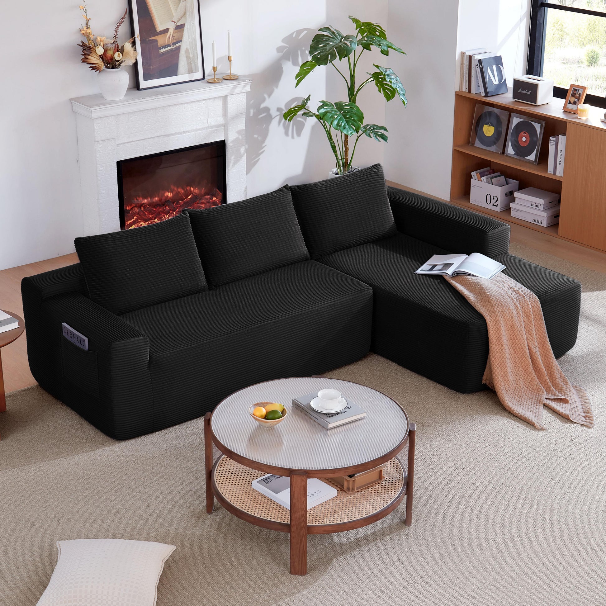 104" Cloud Sectional Sofa with L-Shape Chaise and Side Pockets, Modern Modular Design, with side pockets, Upholstered Couch for Living Room/Bedroom, No Assembly Required (CorduroyFabric),Black, Right image 1