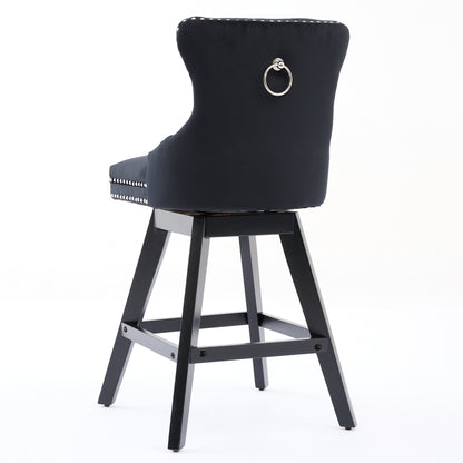 Swivel Velvet Barstools with Button Tufted Decoration and Wooden Legs, and Chrome Nailhead Trim, Leisure Style Bar Chairs,Bar stools, Set of 2 (Black),SW1860BK image 6