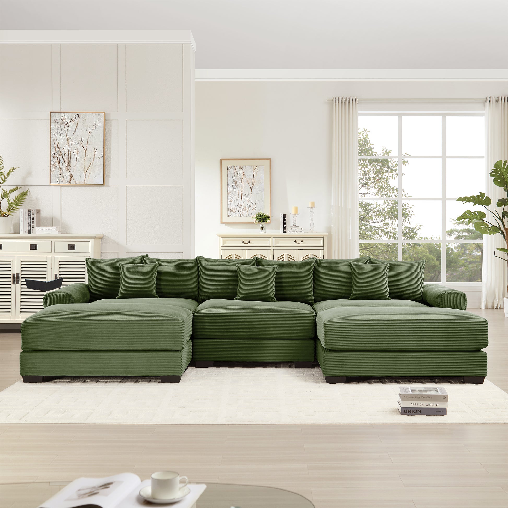 130" Oversized Cloud Modular Sectional Couch,Premium Corduroy Fabric, 3-Seater Deep Seat Wide Armrests, With An Ottoman,Ergonomic Design, Easy Assembly For Lounges Living Room,Green image 3