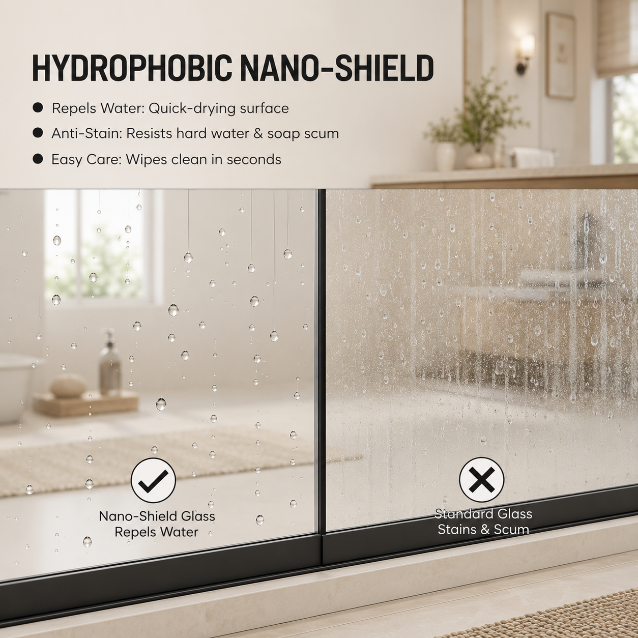 56-60" W x 72" H Framed Double Sliding Shower Door, 1/4" (6mm) Clear Tempered Glass with Safety Film and Nano Coating, Waterproof Seals, Matte Black image 5