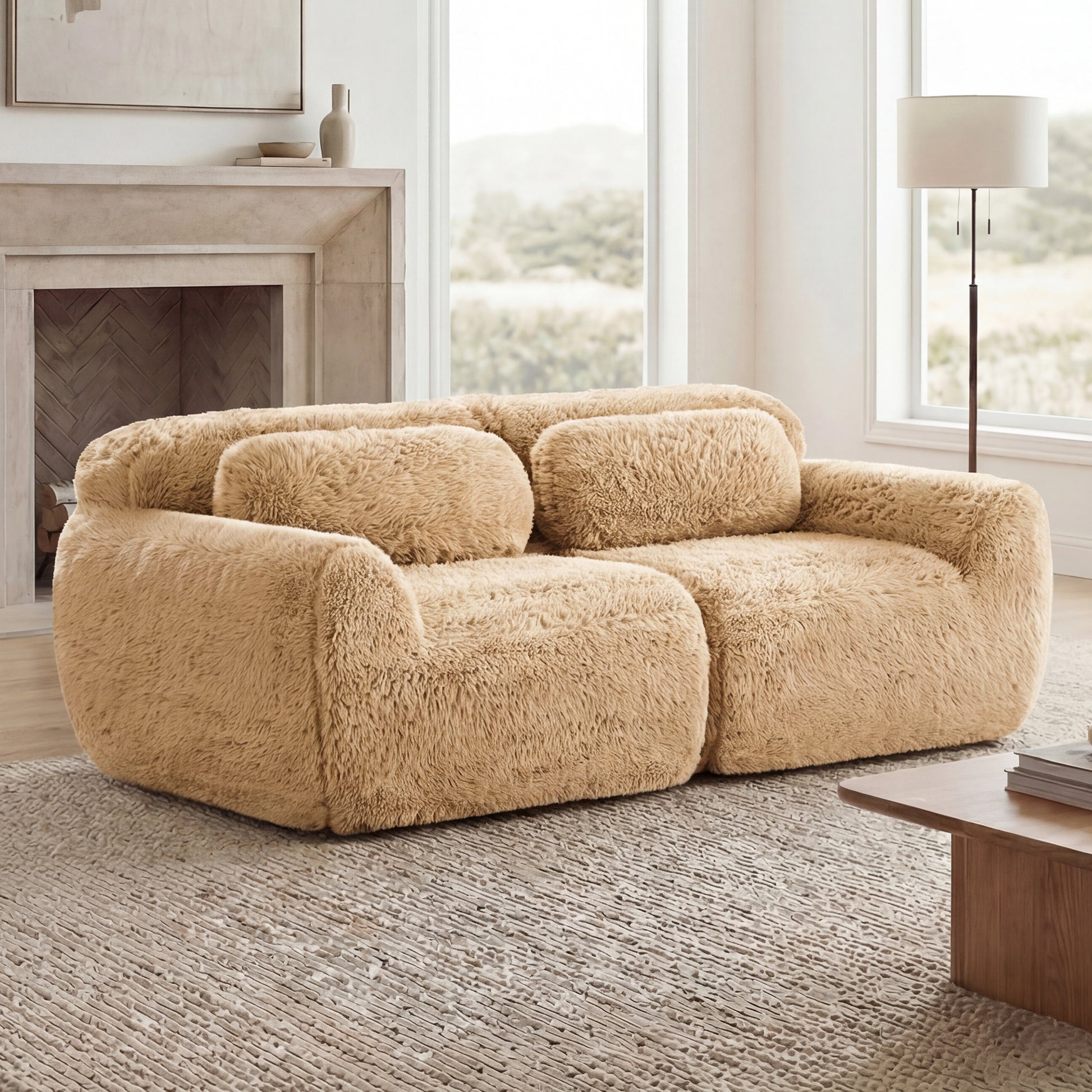2-seater Modular Sectional Sofa Couches,Soft Fluffy Plush Fabric Bottom Anti-Slip Design,32D High Density Sponge,No Assembly Required Ergonomic Design,With Throw Pillows For Study,Light Khaki image 3