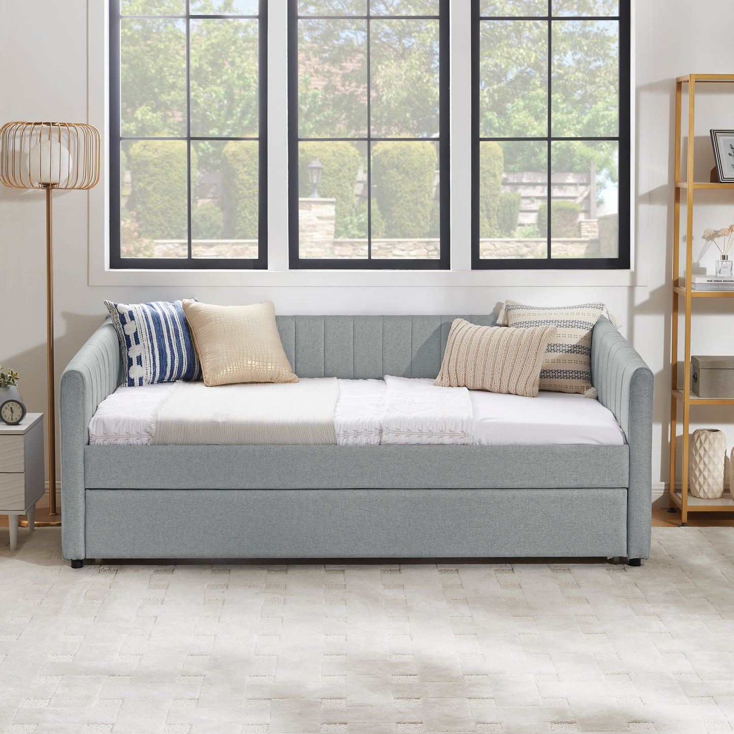 Twin Size Daybed with Trundle Upholstered Sofa Bed, with Vertical Stripes, Linen Fabric, Grey (82.5"x43"x30") image 12