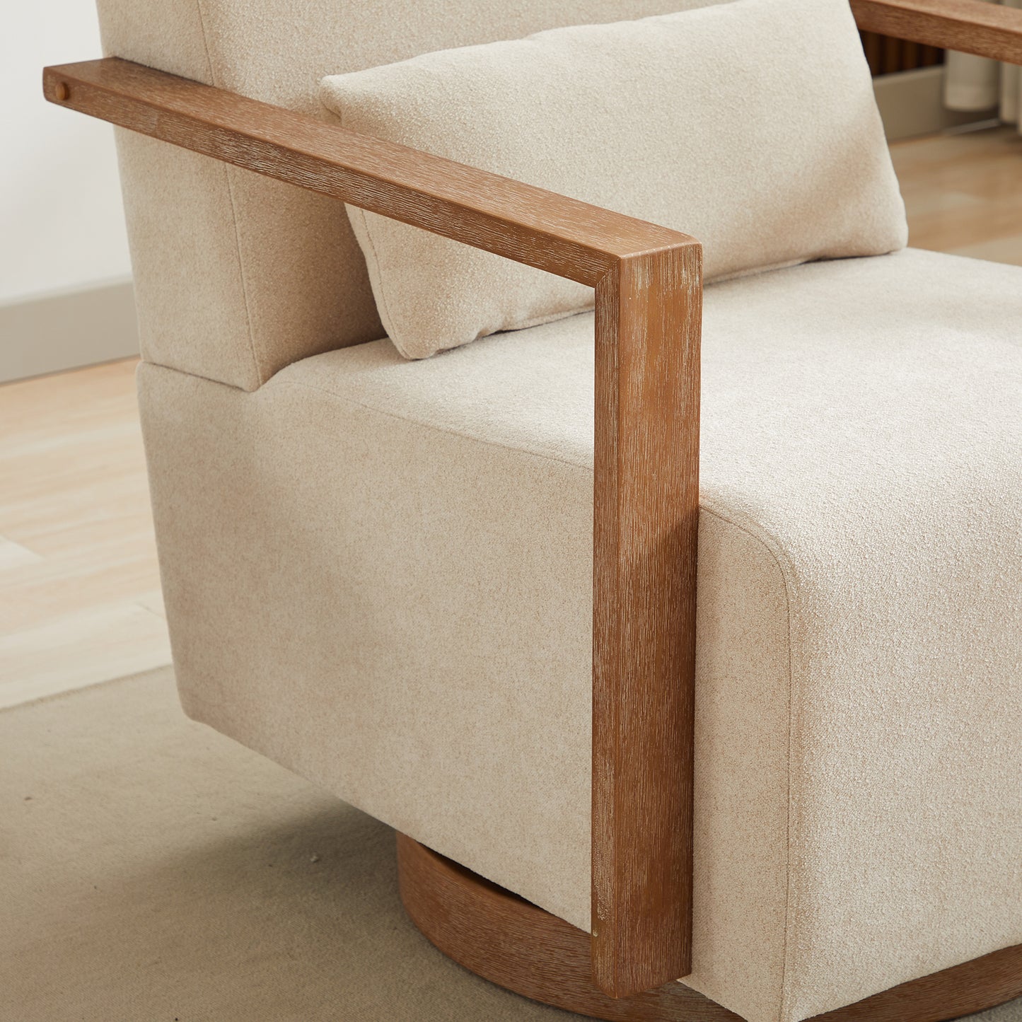 29.72"W Swivel Modern Upholstered Accent Chair with Solid Wood Armrests and 360 Degree Comfy Lounge Reading Chair, Side Armchair for Hotel, Bedroom, Living Room, Office, and Nursery Room. Beige image 7