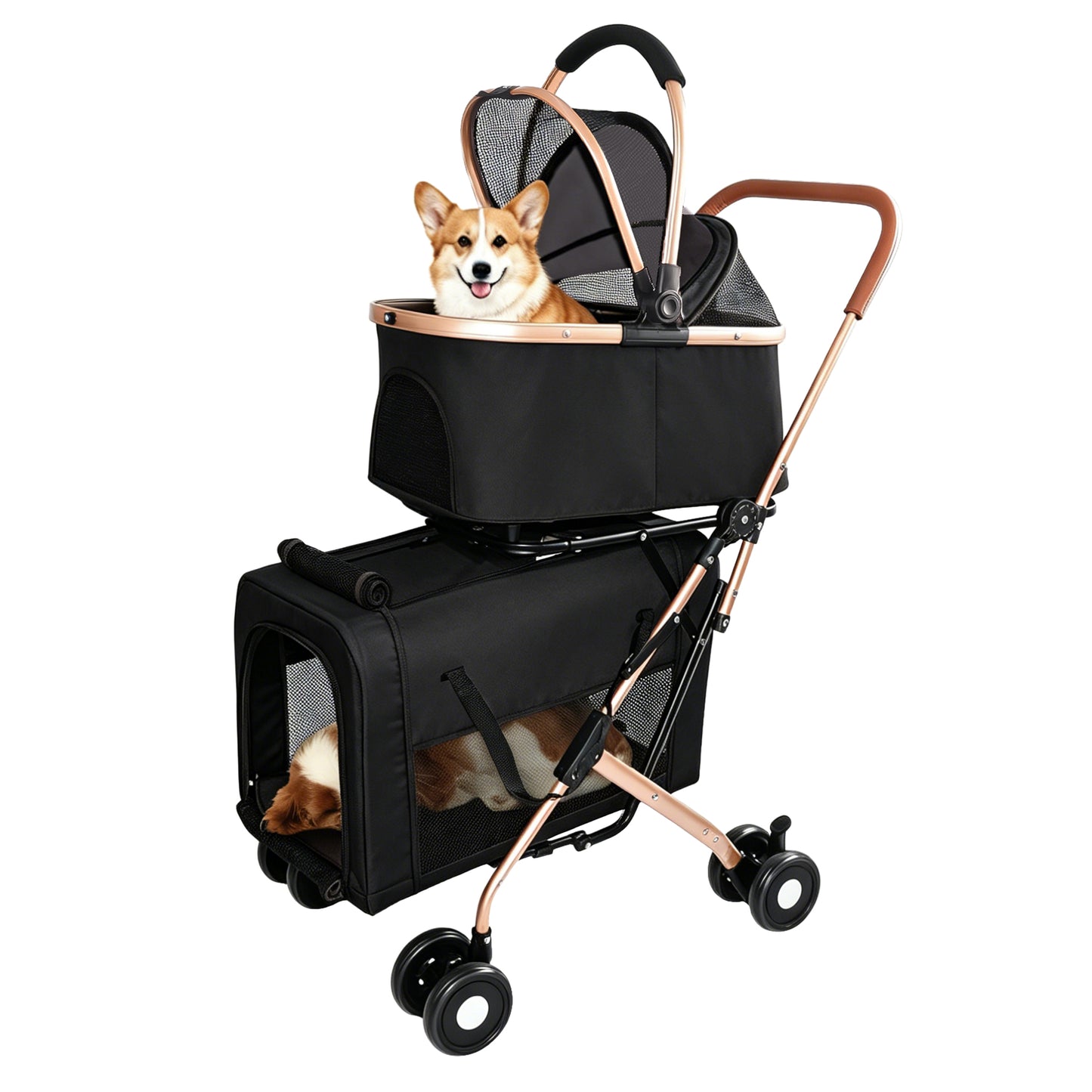 Double Pet Stroller for Dogs and Cats, Foldable Frame, 3-in-1 Convertible Carrier/Tote, Shockproof Wheels, Brake System, Fixed Safety Leashes for Small/Medium Pets in Multi-Pet Homes(Black) image 12