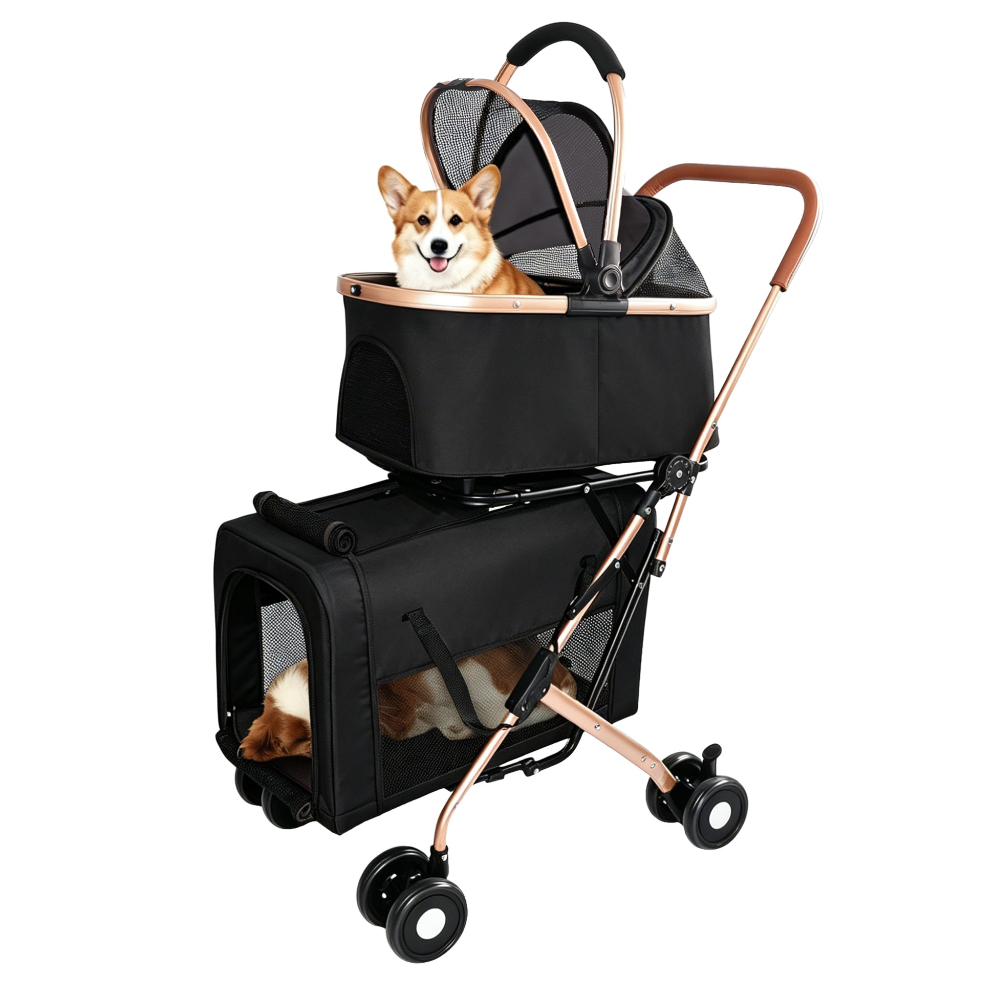 Double Pet Stroller for Dogs and Cats, Foldable Frame, 3-in-1 Convertible Carrier/Tote, Shockproof Wheels, Brake System, Fixed Safety Leashes for Small/Medium Pets in Multi-Pet Homes(Black) image 12