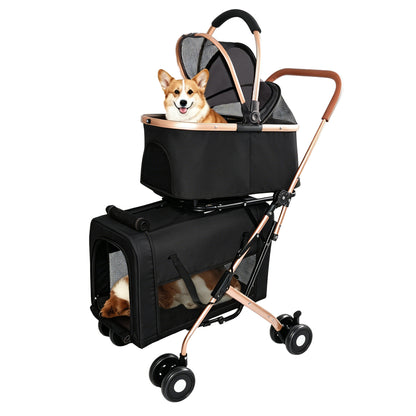 Double Pet Stroller for Dogs and Cats, Foldable Frame, 3-in-1 Convertible Carrier/Tote, Shockproof Wheels, Brake System, Fixed Safety Leashes for Small/Medium Pets in Multi-Pet Homes(Black) image 12