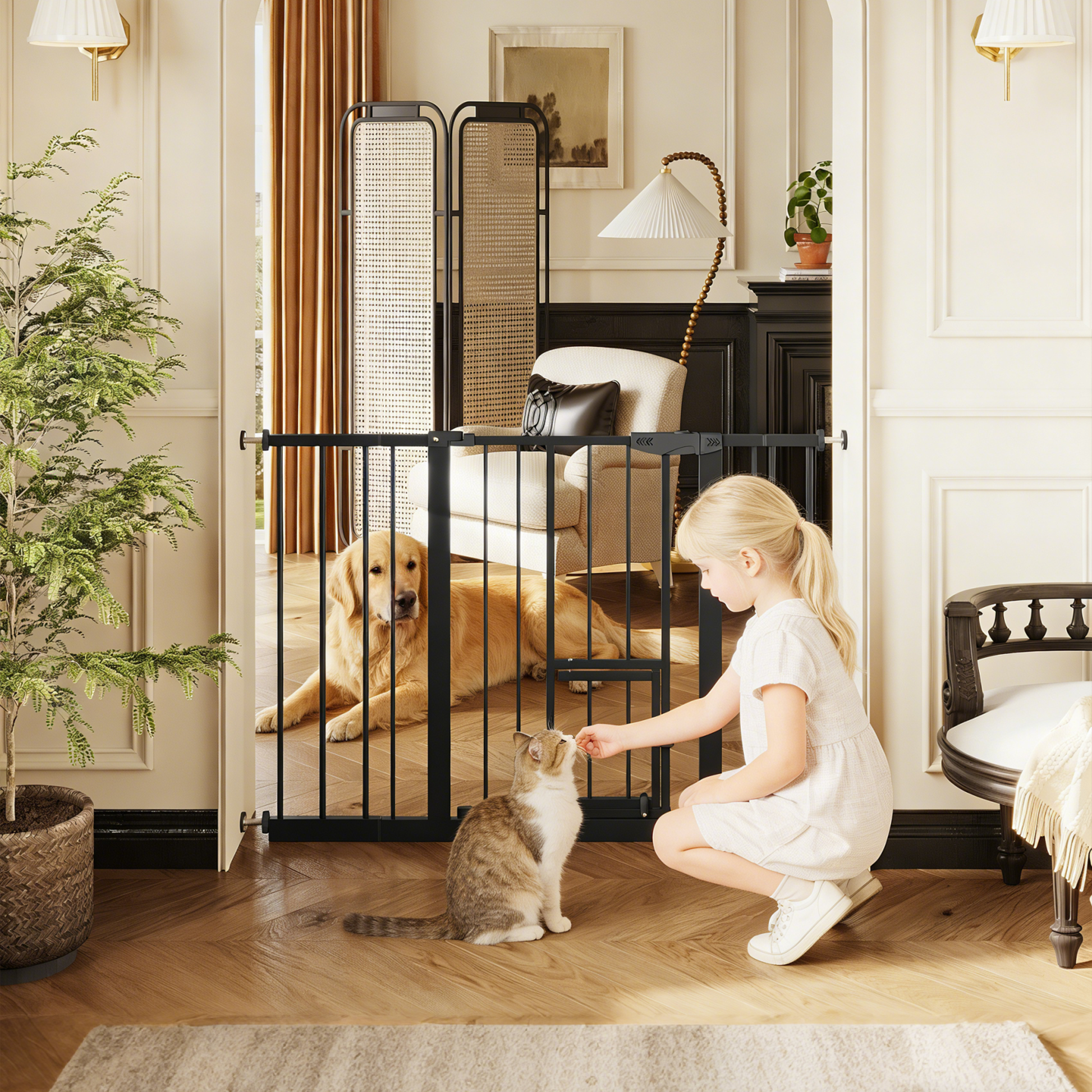 Baby Gate with Cat Door, 29.5-44.1" Metal Pet Door for Stairs & Doorways,Pressure Mounted,No Tools Needed, Black image 10