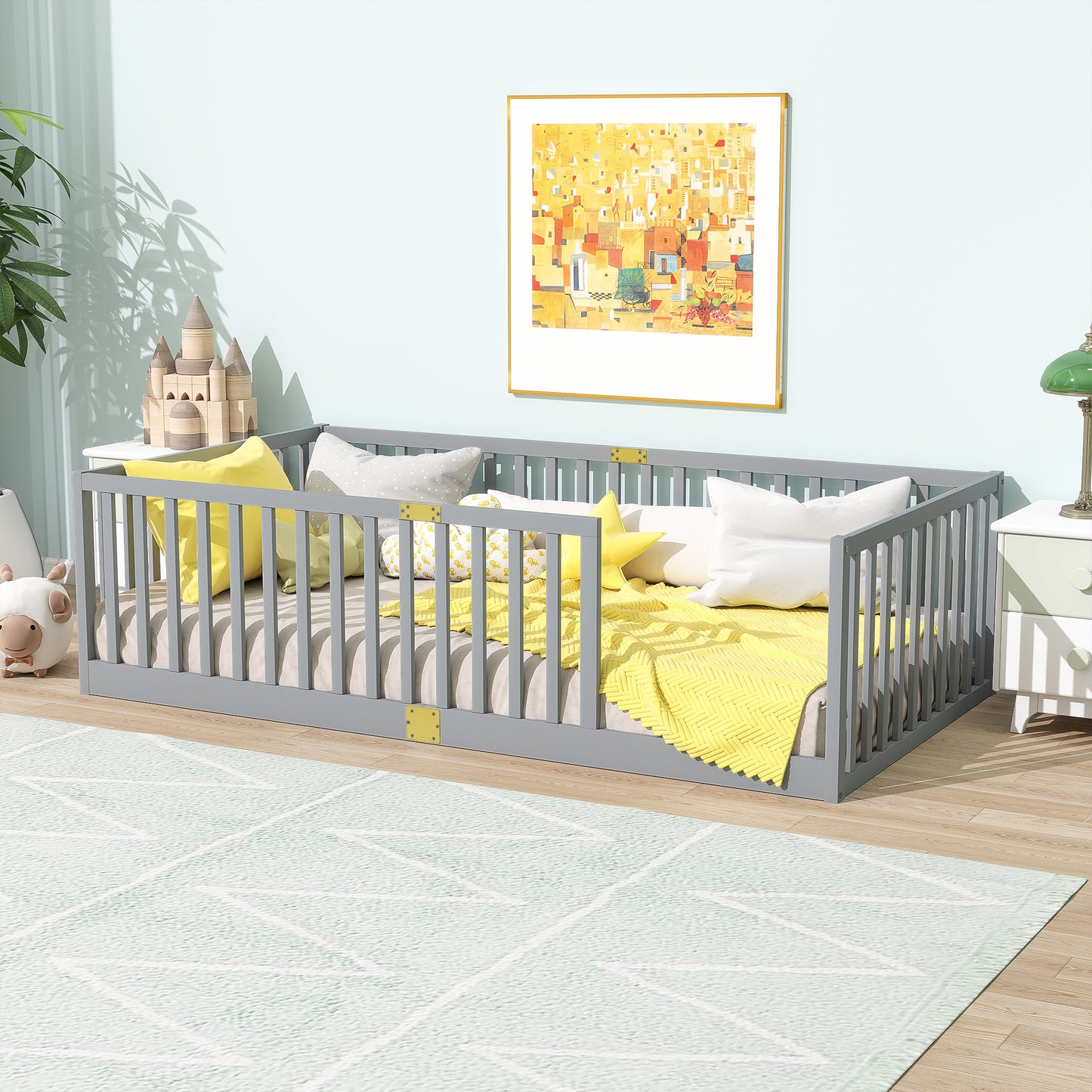 Twin Size Floor Bed with High Fence Railings, 6 Slats Included, Rubber Wood Floor Bed with Safety Guardrails, without Door,Grey image 4