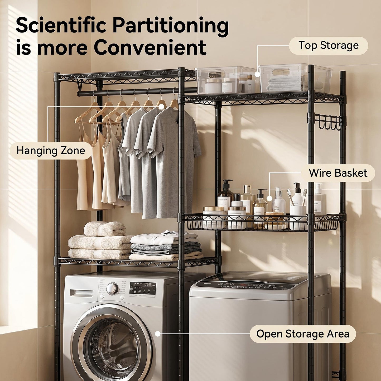 Over Washer and Dryer Shelves, 4 Tier Laundry Room Clothes Drying Rack Wire Basket & Rotating Side Hook, Heavy Duty Laundry Drying Rack, Space Saving and Adjustable Shelves, Black image 7