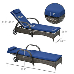 Outsunny Wicker Outdoor Chaise Lounge, 5-Level Adjustable Backrest PE Rattan Pool Lounge Chair with Wheels, Cushion & Headrest, Brown and Dark Blue