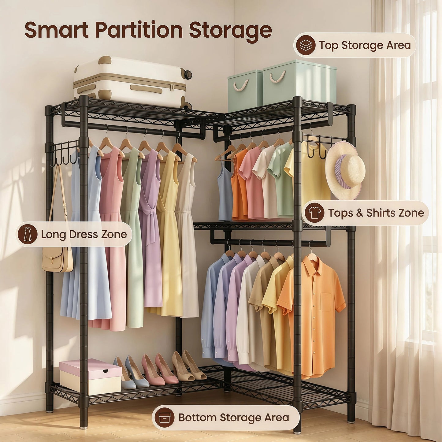 Garment Rack L Shaped Clothes Rack for Corner, Heavy Duty Clothes Rack with 3 Hanging Rods & 2 Side Hooks, Freestanding Clothing Racks for Hanging Clothes, 58.27''Wx 17.13''D*76.38''H, Black image 2