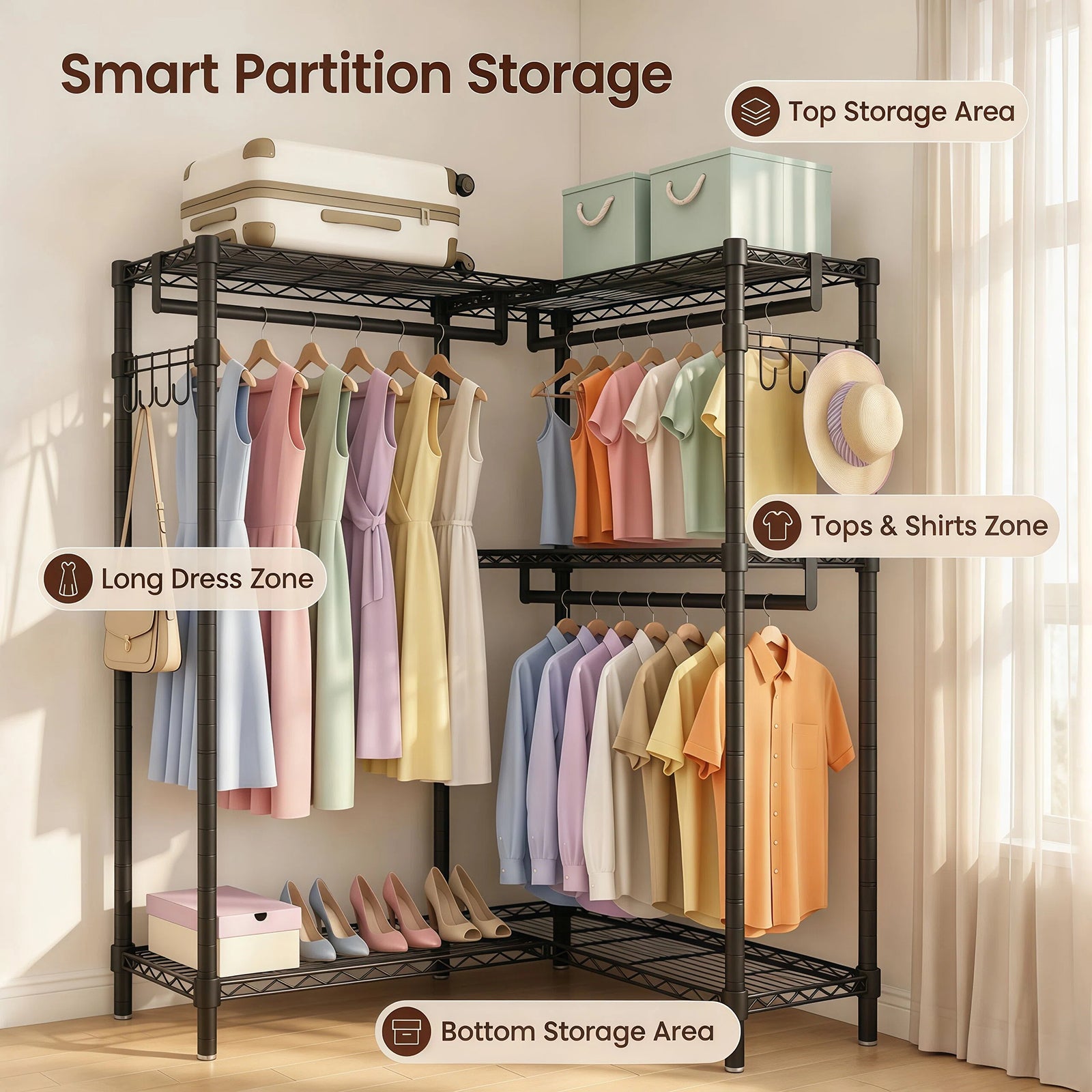 Garment Rack L Shaped Clothes Rack for Corner, Heavy Duty Clothes Rack with 3 Hanging Rods & 2 Side Hooks, Freestanding Clothing Racks for Hanging Clothes, 58.27''Wx 17.13''D*76.38''H, Black image 2