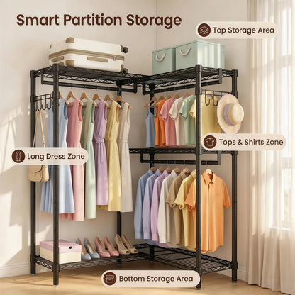 Garment Rack L Shaped Clothes Rack for Corner, Heavy Duty Clothes Rack with 3 Hanging Rods & 2 Side Hooks, Freestanding Clothing Racks for Hanging Clothes, 58.27''Wx 17.13''D*76.38''H, Black image 2