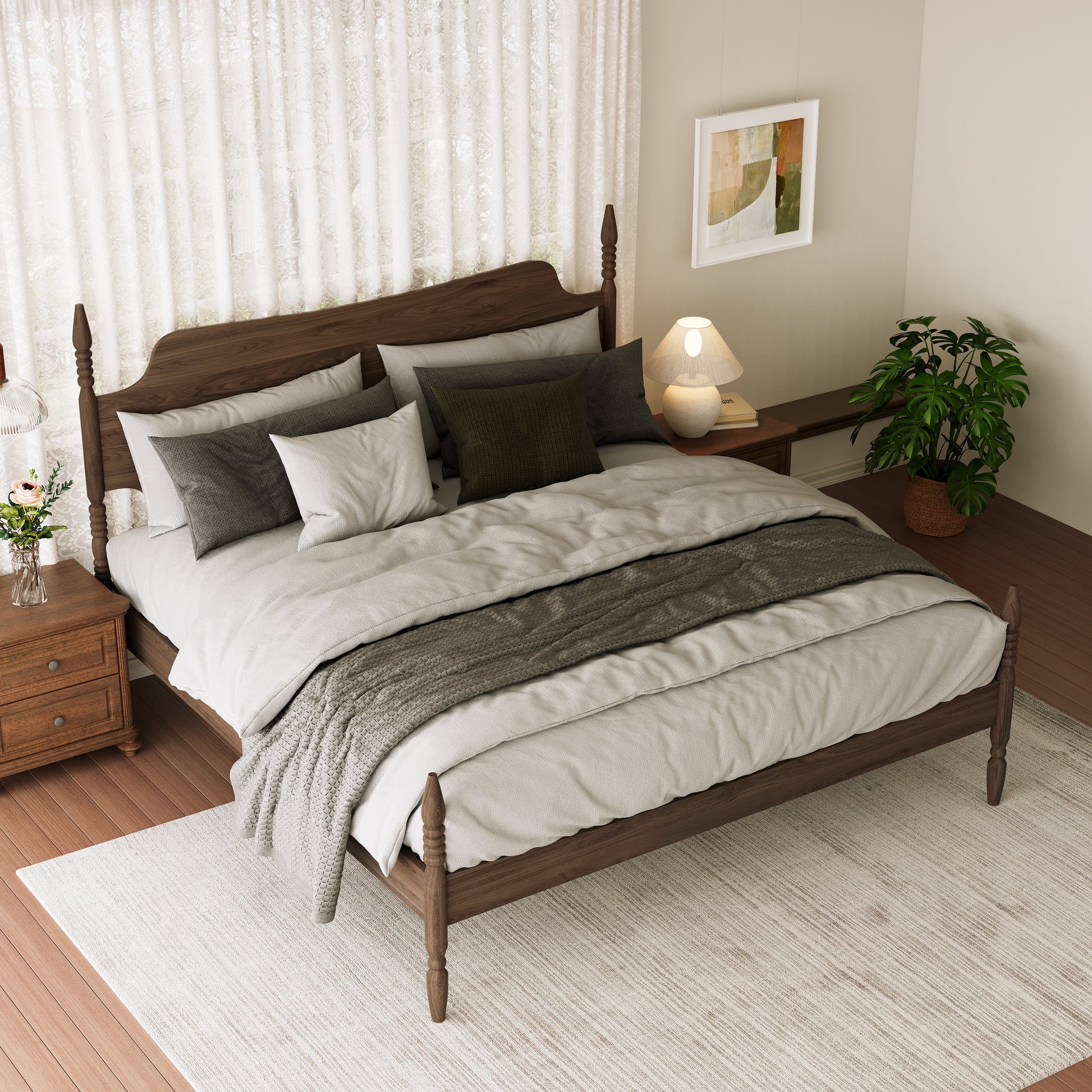 (ETA:6.4-NJ:120) King Size Platform Bed Frame, Spindle Bed with Curved Tall Headboard, No Box Spring Needed, Retro Four Poster Bed, Walnut image 4