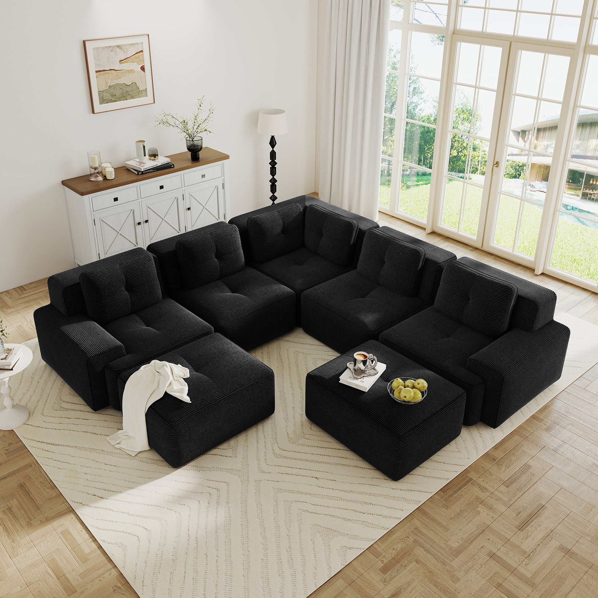 Modular Sectional Sofa with 5-Seater,V Shaped Corner Couch,Corduroy Fabric,2 Movable Ottomans, Deep Seat for Living Room, Pearl-like piping, Tufted Design, No Assembly, Anti-slip Design,Black image 2