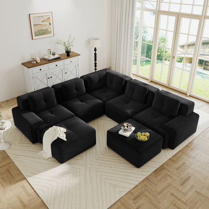 Modular Sectional Sofa with 5-Seater,V Shaped Corner Couch,Corduroy Fabric,2 Movable Ottomans, Deep Seat for Living Room, Pearl-like piping, Tufted Design, No Assembly, Anti-slip Design,Black image 2