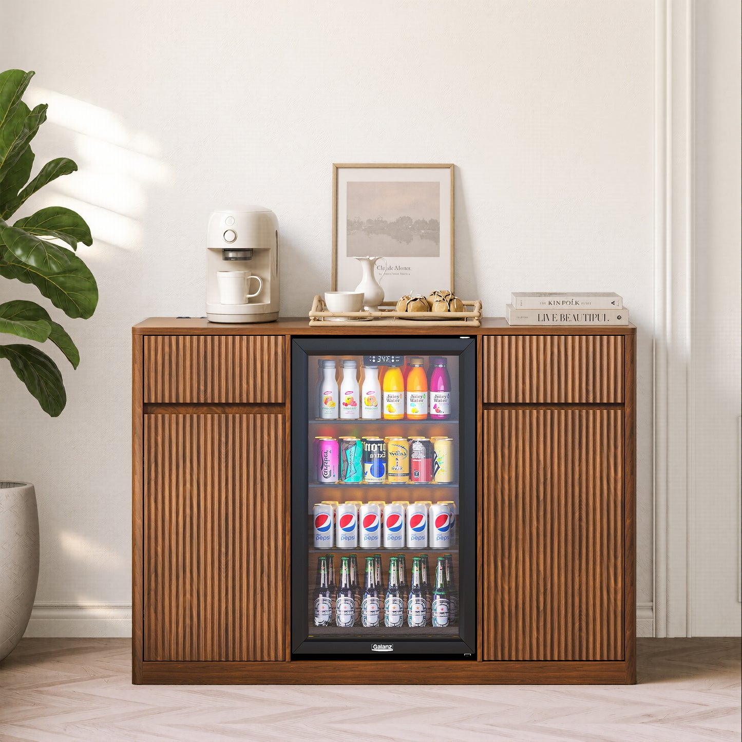 53'' Fluted Bar Cabinet with Fridge Space (Fridge Not Included), Modern Coffee Station with Charging Hub & Wine Glass Rack, Walnut Buffet Sideboard for Home Beverage & Liquor Storage. image 1