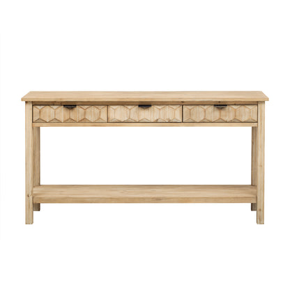 U_Style 58.3'' Fir Veneer Entryway Table with Honeycomb-patterned Fronts,Modern Stylish Console Table with 3 Drawers and Solid Fir legs,Suitable for Living Room,Entryway, Hallway, Study, Foyer image 10