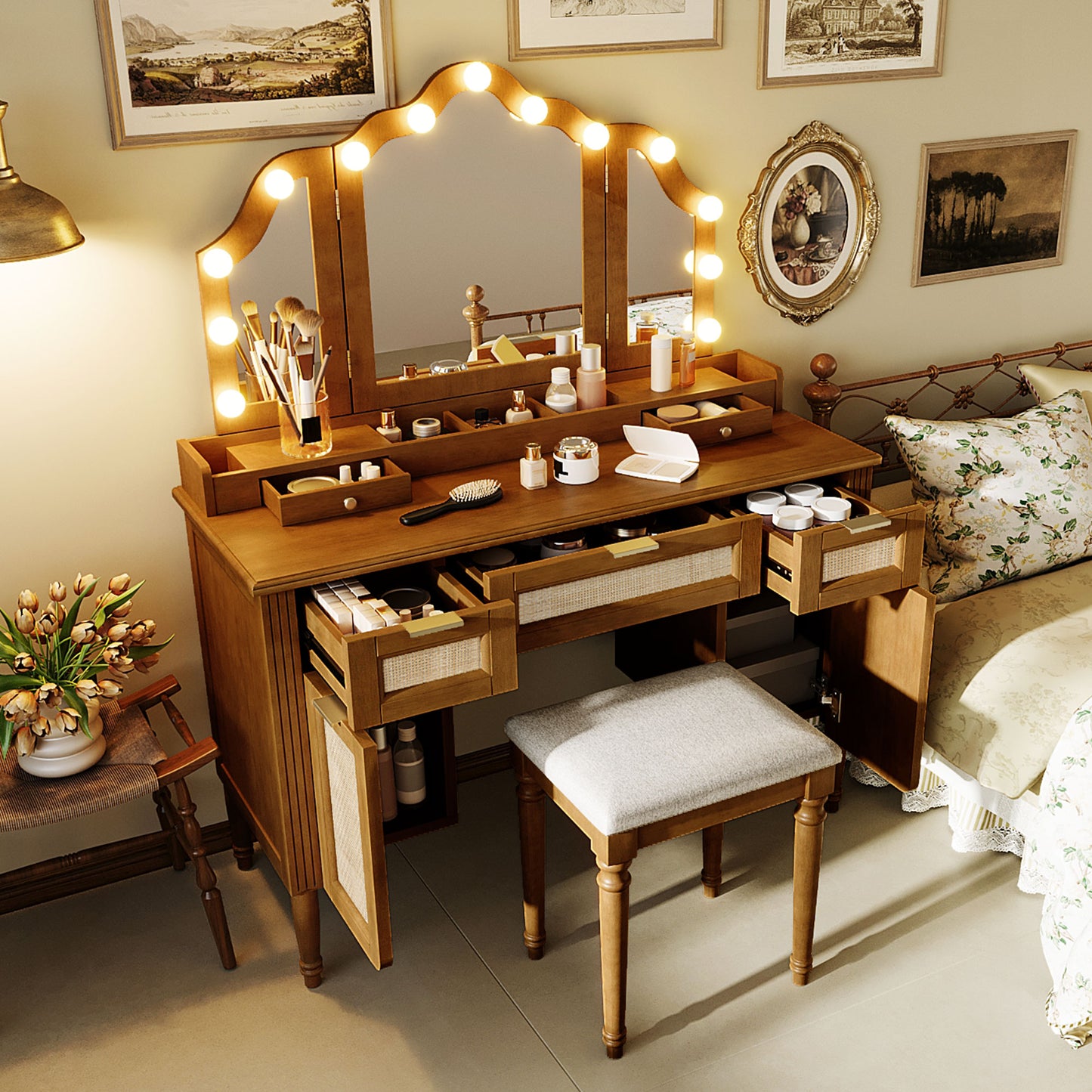 44.37" Makeup Vanity Desk with Stool Set, 13 Hollywood Bulbs & 3 Lighting Modes Dressing Table, Tri-Fold Mirror Large Vanity Table with Cushioned Stool, Charging Station, Ample Storage, Espresso image 3