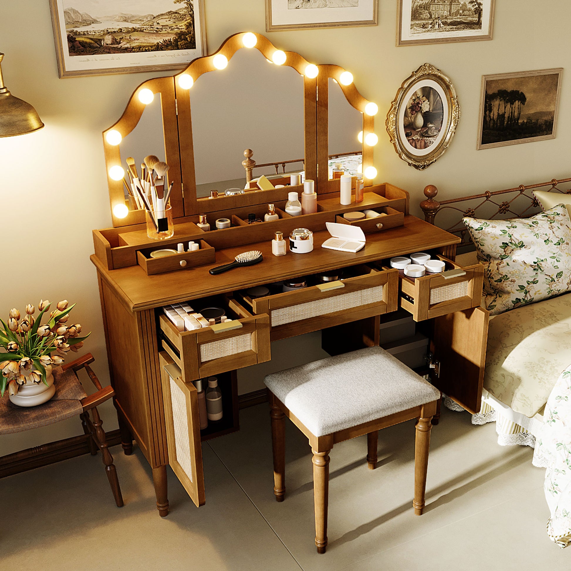 44.37" Makeup Vanity Desk with Stool Set, 13 Hollywood Bulbs & 3 Lighting Modes Dressing Table, Tri-Fold Mirror Large Vanity Table with Cushioned Stool, Charging Station, Ample Storage, Espresso image 3