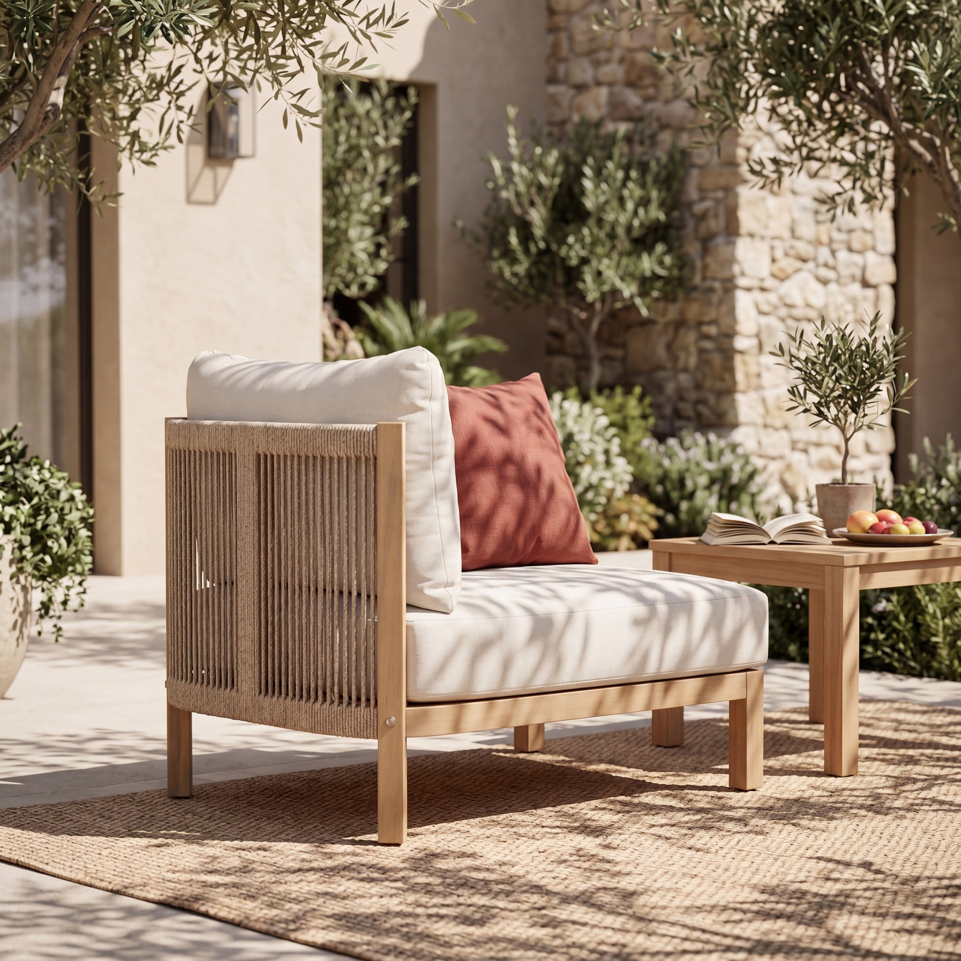 Acacia wood patio furniture club chair, outdoor rope-woven chair, deep seat design with soft cushion, suitable for porches, gardens, backyards, and balconies (Light Teak + Beige Rope + Beige Cushion). image 2