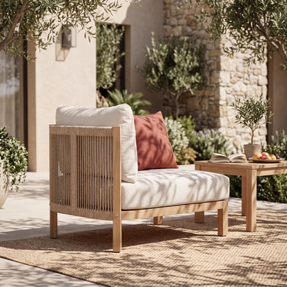 Acacia wood patio furniture club chair, outdoor rope-woven chair, deep seat design with soft cushion, suitable for porches, gardens, backyards, and balconies (Light Teak + Beige Rope + Beige Cushion). image 2