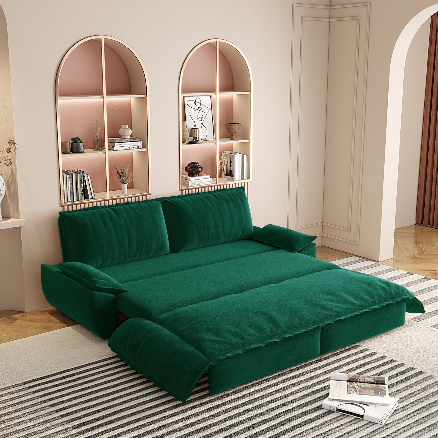 73.2" Queen Pull Out Sofa Bed,3-in-1 Convertible Sleeper Sofa,Multi-Functional Velvet Loveseat Bed,Green(New Sku:W1885S00198/W1885S00231) image 1