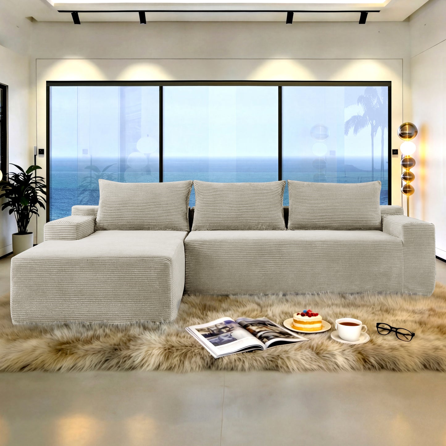 New2 96.9"Cloud Sectional Couch with L-Shape Chaise,Modern Modular Sofa with Deep Seat,Upholstered Couches for Living Room Bedroom,No Assembly Required,(Corduroy Fabric),Camel,left image 1