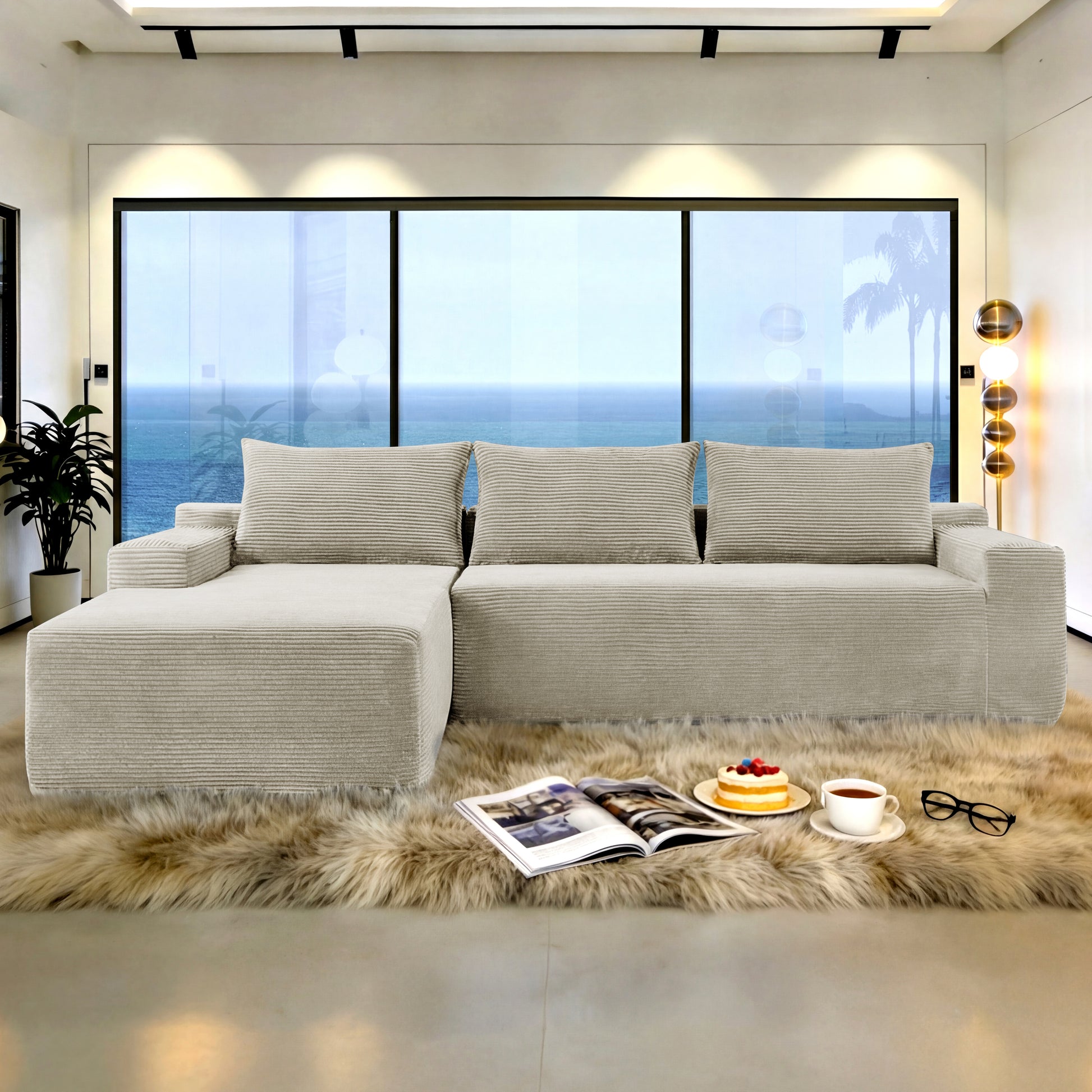 New2 96.9"Cloud Sectional Couch with L-Shape Chaise,Modern Modular Sofa with Deep Seat,Upholstered Couches for Living Room Bedroom,No Assembly Required,(Corduroy Fabric),Camel,left image 1