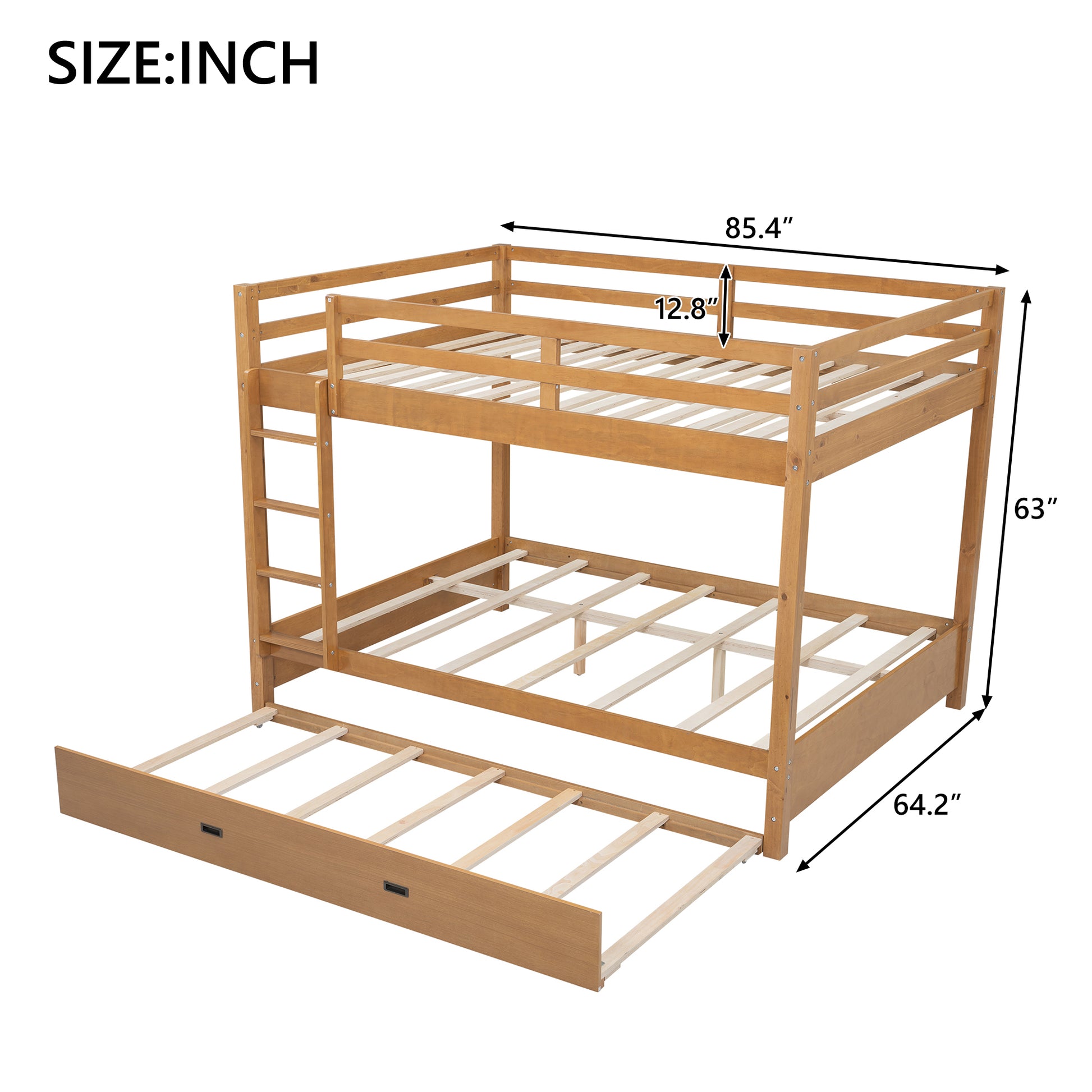 Wood Queen Size Bunk Bed with Ladder and Trundle, Wood Color image 10