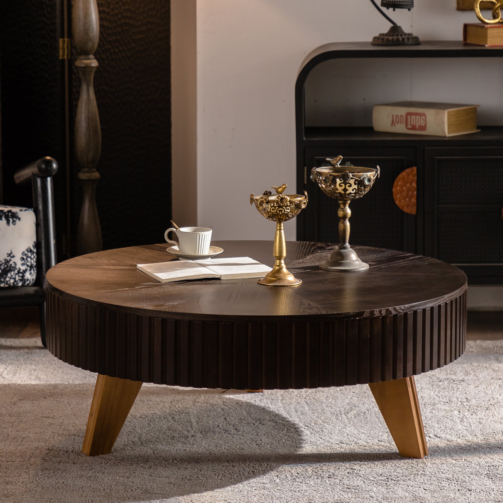 39.37" Retro Round Coffee Table with Storage Space, Suitable for Living Room and Office, Brown image 4