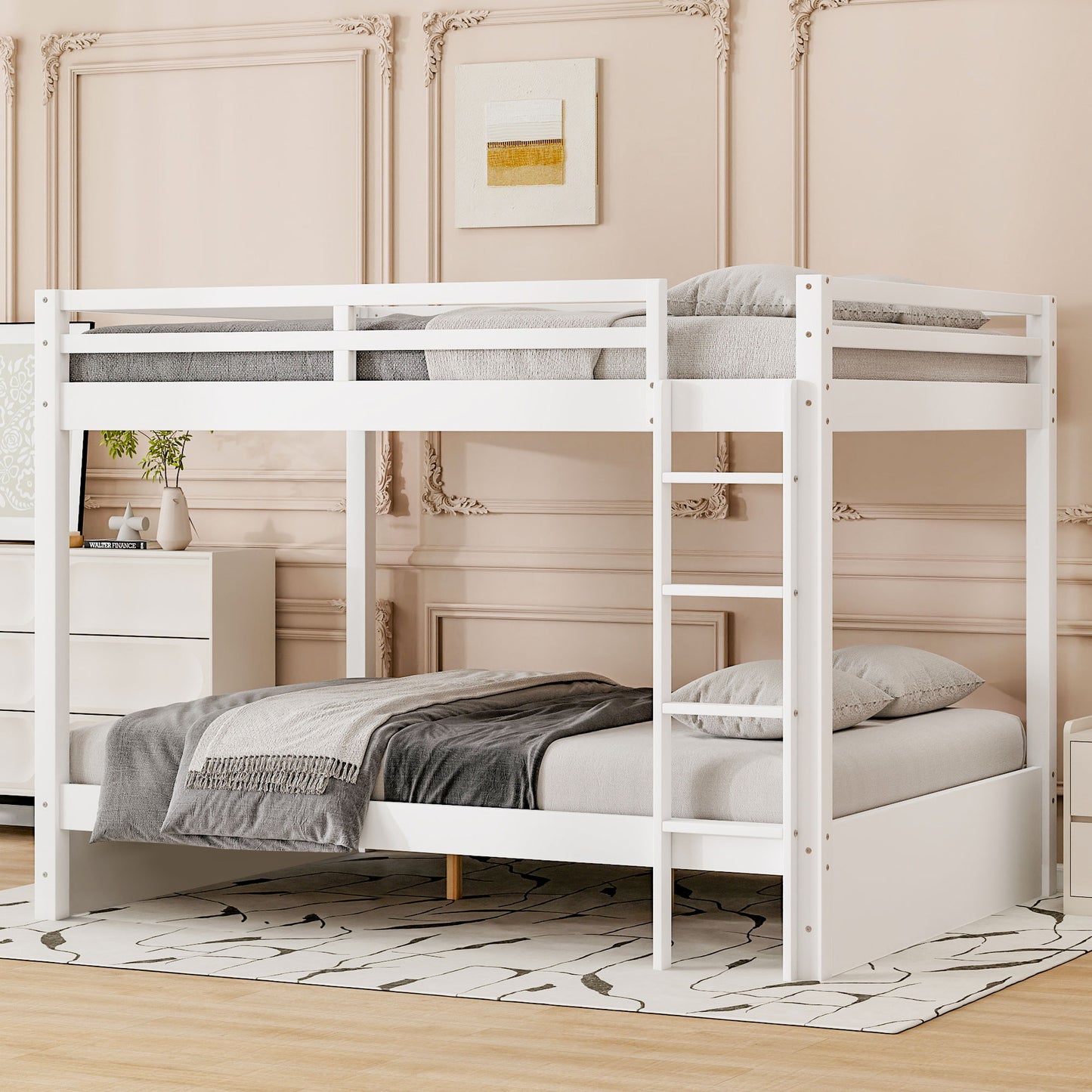 Wood Queen Size Bunk Bed with Ladder, White image 3