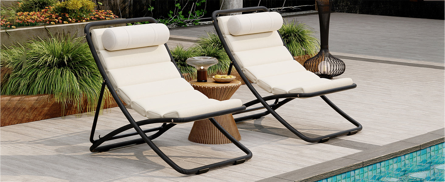 TREXM 2-Pieces Outdoor Folding Chair, Rattan-Wrapped Patio Chair with Adjustable Backrest, Thick Cushion, and Detachable Headrest,for the Poolside, Beach, Backyard, Decck, and Camping (Black) image 4