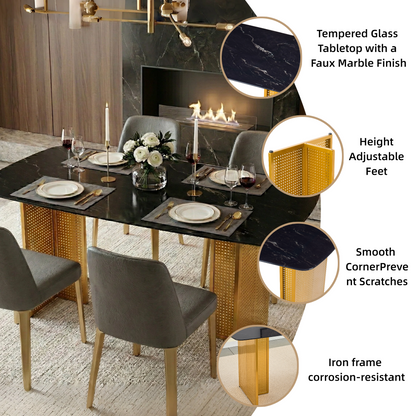 Modern-Style Rectangular Tempered Glass Dining Table for 6, Featuring a Marble-Patterned Design with Golden Hollow-Out Metal Legs, an Ideal Dining Table for Living Rooms and Home Offices. image 9