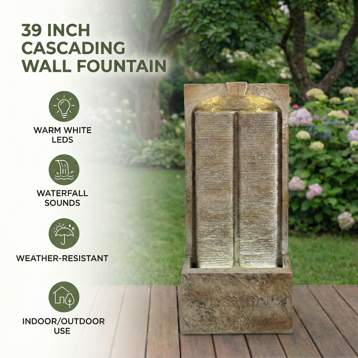 39 Inch Outdoor Water Fountain with Pump, Modern Cascading Freestanding Wall Fountain, Weather-Resistant Garden Water Feature with Warm White LED Lights, Outdoor Waterfall Fountain for Patio Porch Law image 7