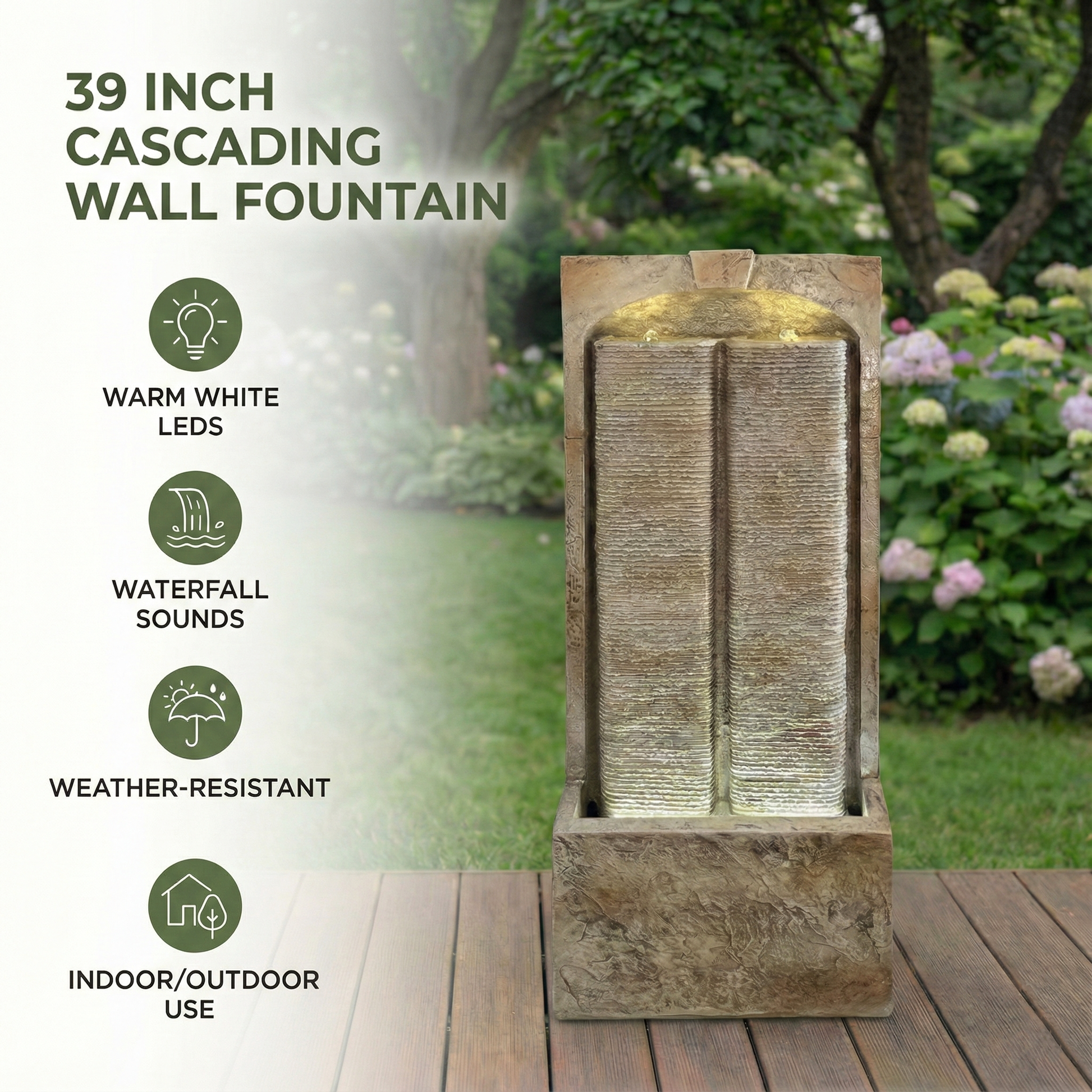 39 Inch Outdoor Water Fountain with Pump, Modern Cascading Freestanding Wall Fountain, Weather-Resistant Garden Water Feature with Warm White LED Lights, Outdoor Waterfall Fountain for Patio Porch Law image 7