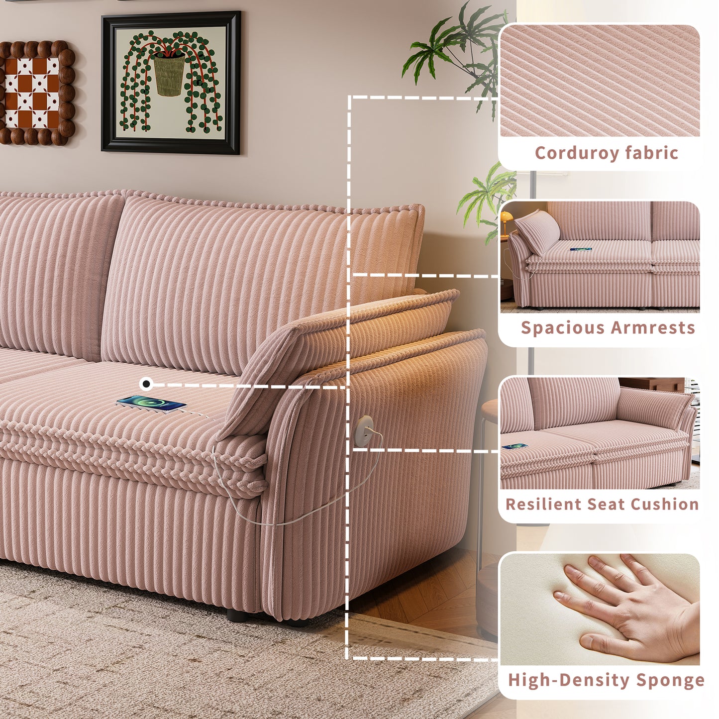 This is a multi-functional sofa with a 85-inch convertible sofa bed. It is in a two-in-one design, suitable for both sitting and lying. It is made of plush fabric and is suitable for both living rooms image 9