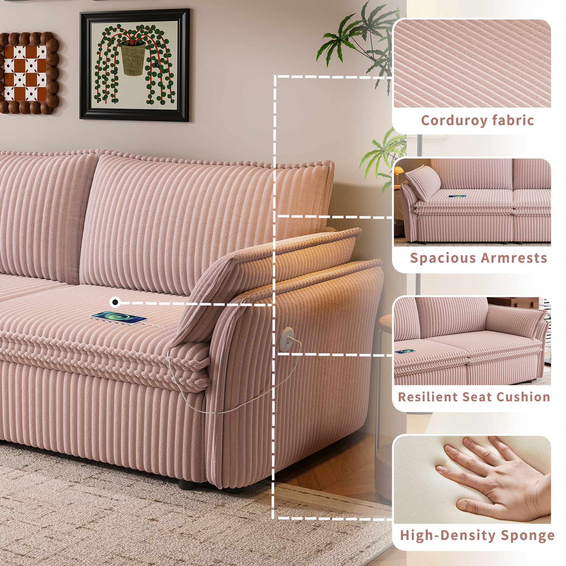 This is a multi-functional sofa with a 85-inch convertible sofa bed. It is in a two-in-one design, suitable for both sitting and lying. It is made of plush fabric and is suitable for both living rooms image 9