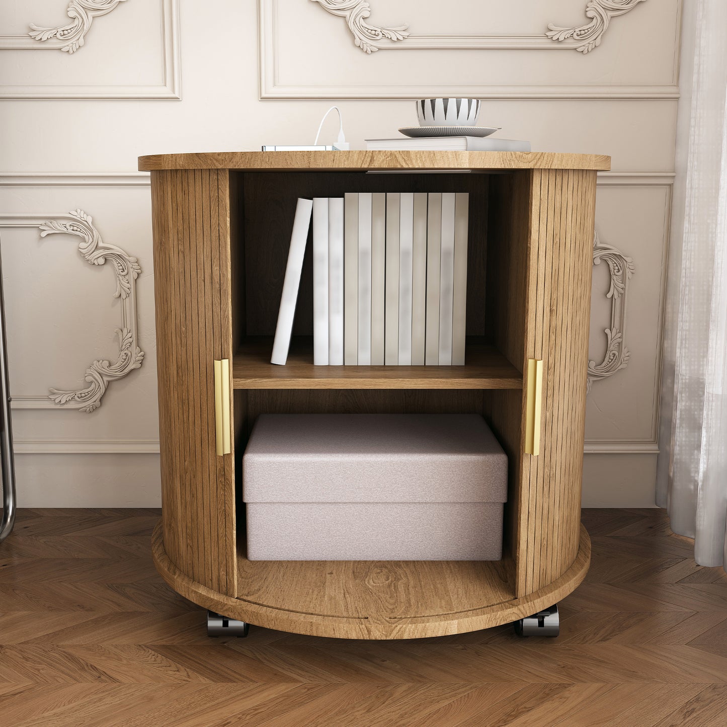 Mid Century Modern Cylinder End Table with Built-in Charging Station & Sliding Door, 2-Tier Storage Round Nightstand with USB Ports, Osk Bedside Table for Living Room, Bedroom, Entryway image 4