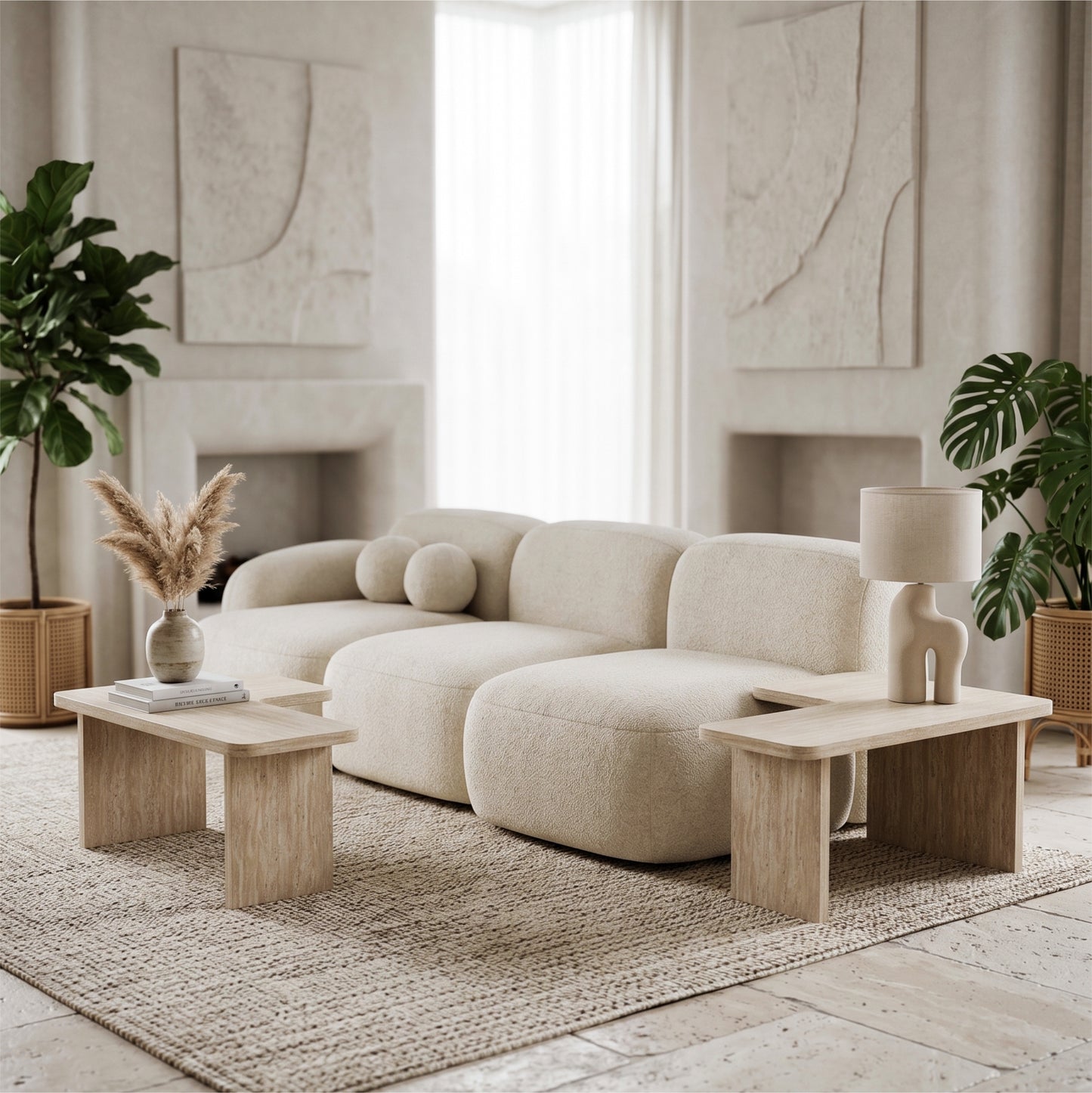 Modular Travertine Coffee Table Set of 2, Nesting L-Shaped Puzzle Center Table, Separable Side Corner Table for Apartment Small Spaces & Living Room,Cream Beige image 7