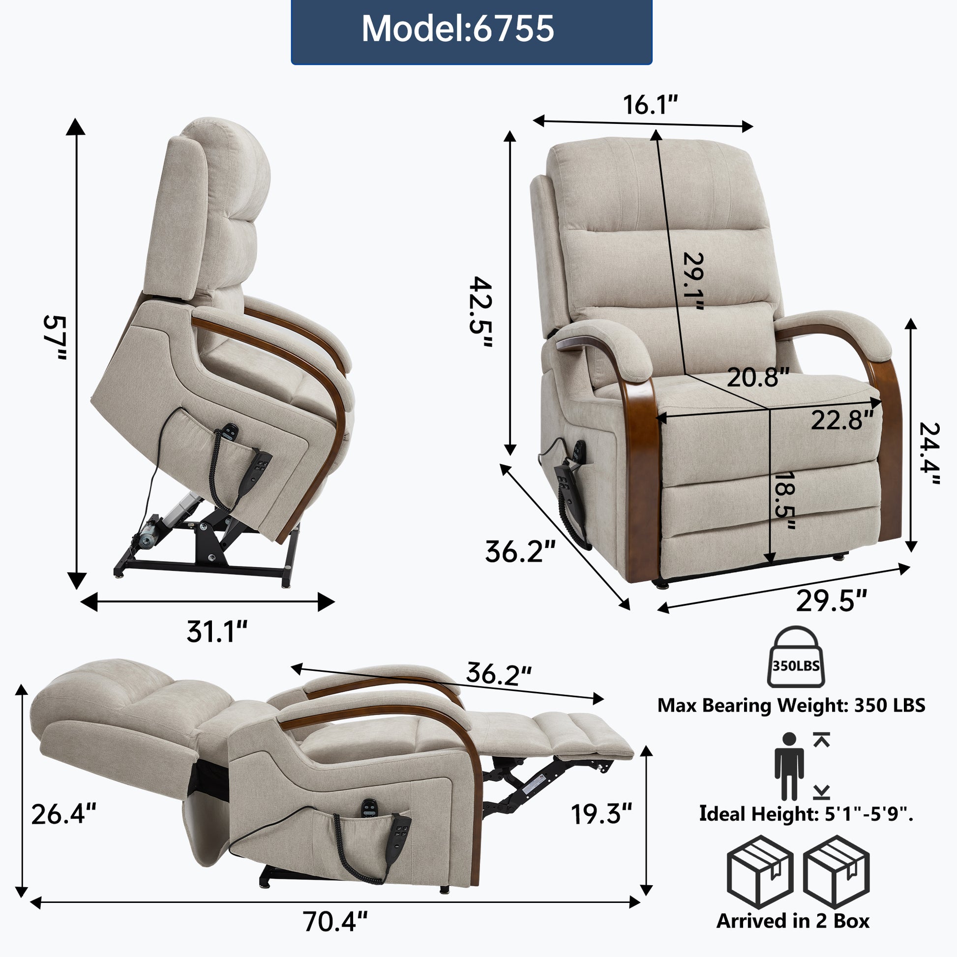 Power Beige Chenille Lift Recliner Chair Dual Motor Infinite Position Up to 350 LBS with Solid Wood Armrests, Heat Massage and Heavy Duty Motion Mechanism image 2